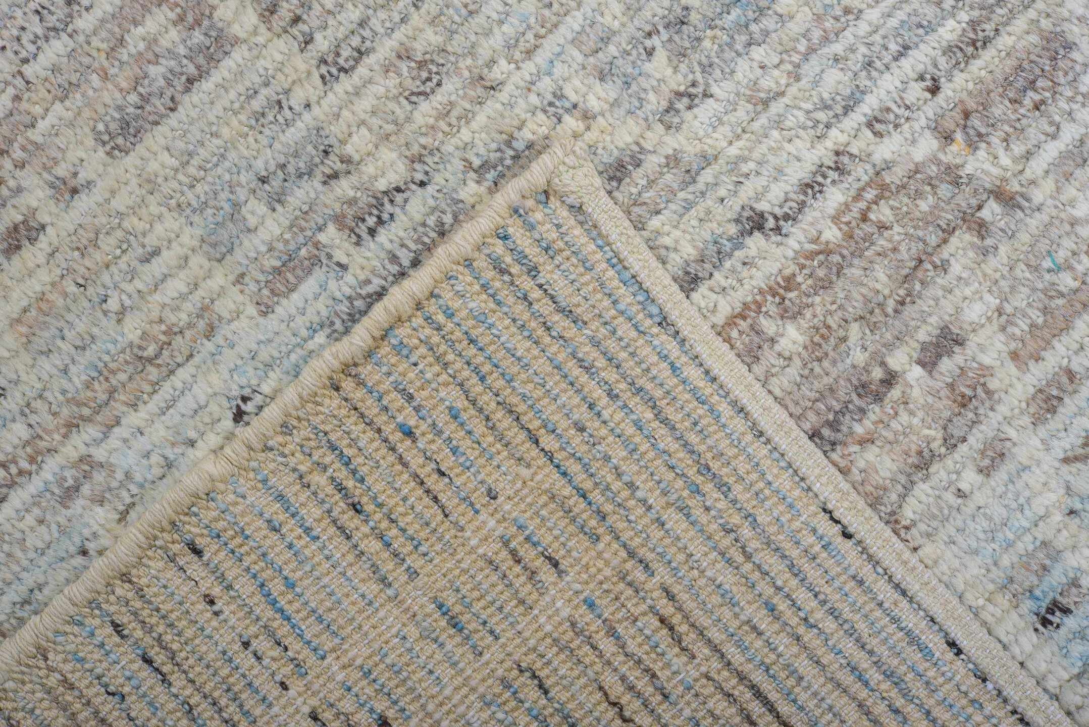 8' x 9' one-of-a-kind handmade vintage Tulu rug. Color palette: ivory, pale blue, taupe, light gray, light blue, beige, gray