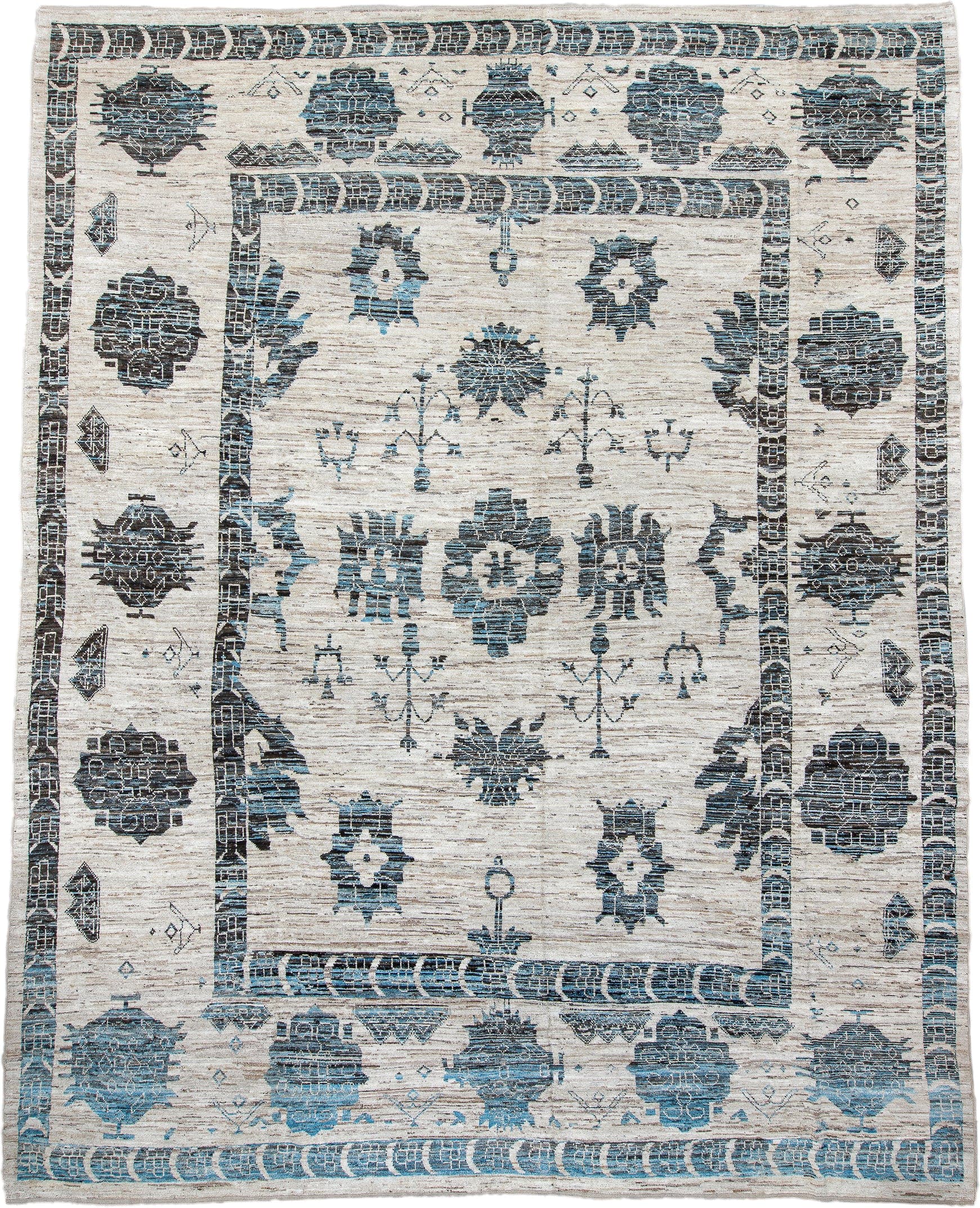 12' x 15' one-of-a-kind handmade vintage Tulu oversize rug. Color palette: ivory, charcoal, sky_blue, slate, taupe, gray