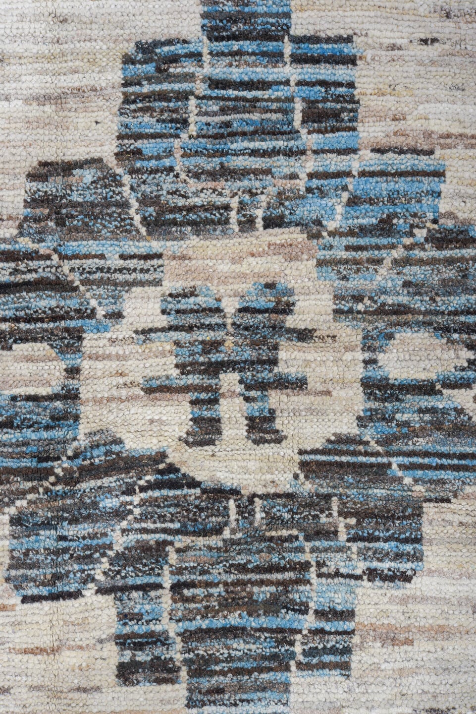 12' x 15' one-of-a-kind handmade vintage Tulu oversize rug. Color palette: ivory, charcoal, sky_blue, slate, taupe, gray