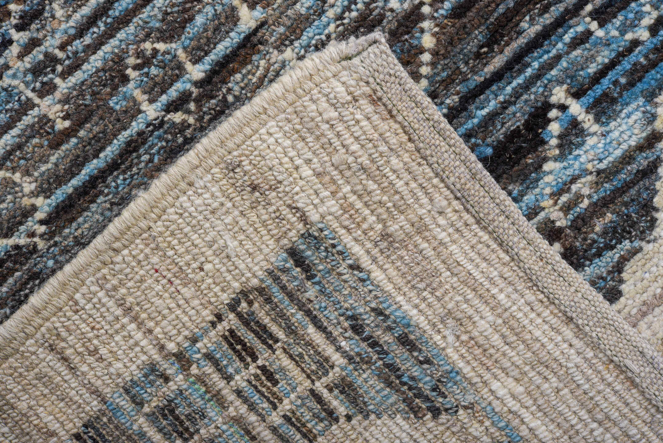 12' x 15' one-of-a-kind handmade vintage Tulu oversize rug. Color palette: ivory, charcoal, sky_blue, slate, taupe, gray