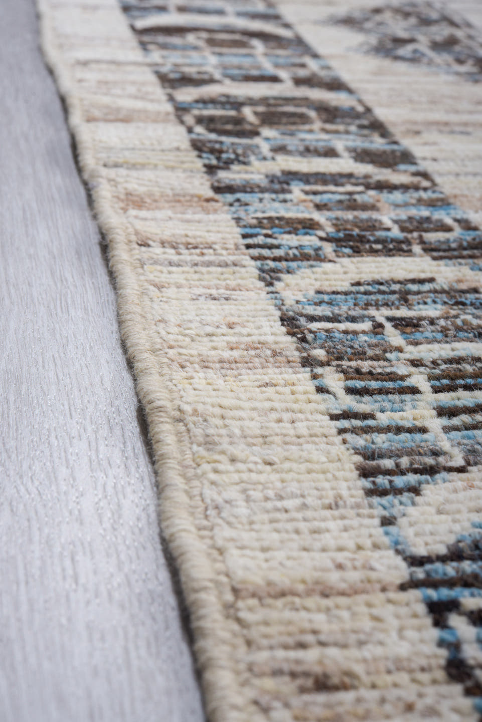 12' x 15' one-of-a-kind handmade vintage Tulu oversize rug. Color palette: ivory, charcoal, sky_blue, slate, taupe, gray