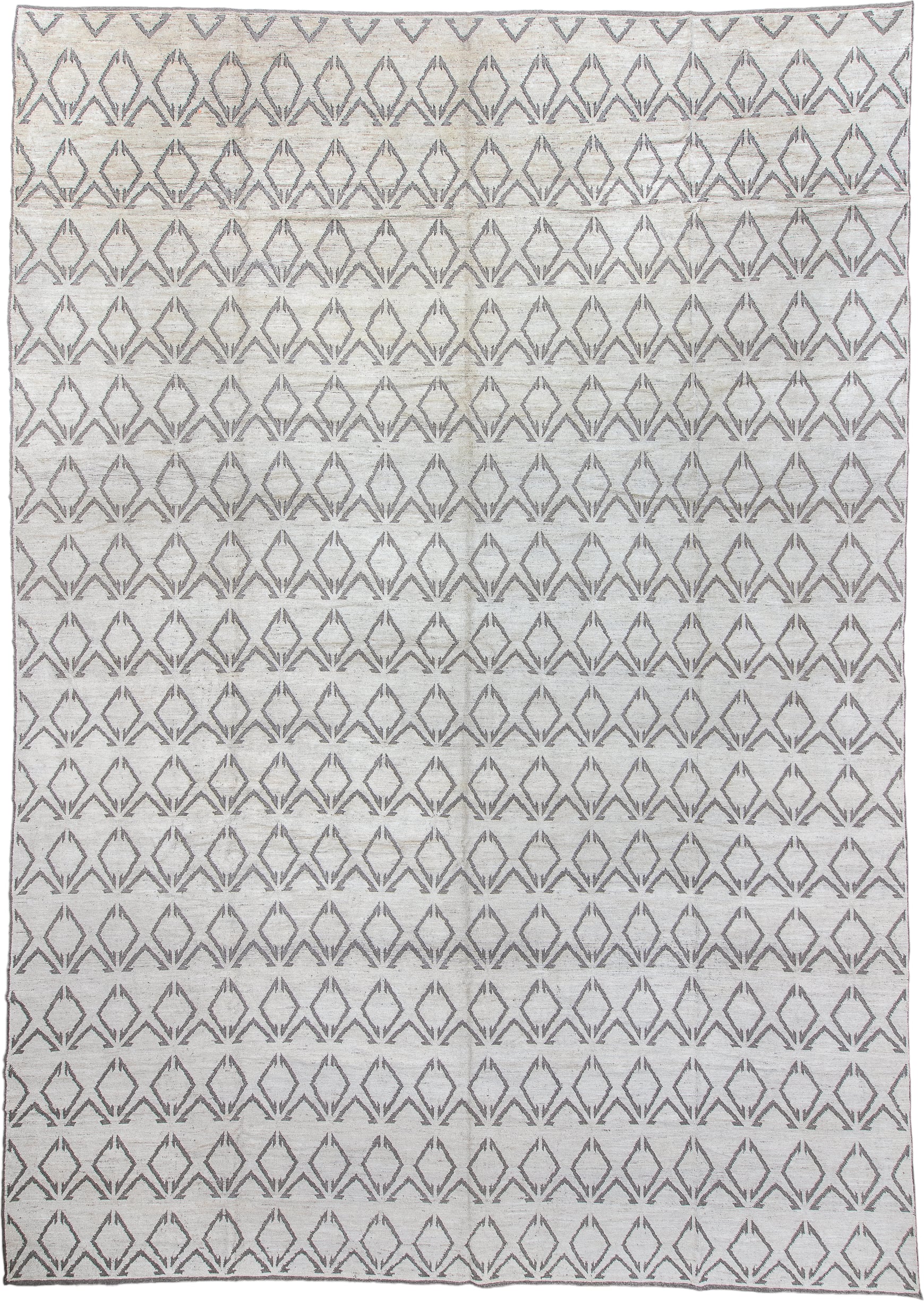 13' x 19' one-of-a-kind handmade vintage Tulu oversize rug. Color palette: ivory, charcoal, taupe, cream, gray, black, beige