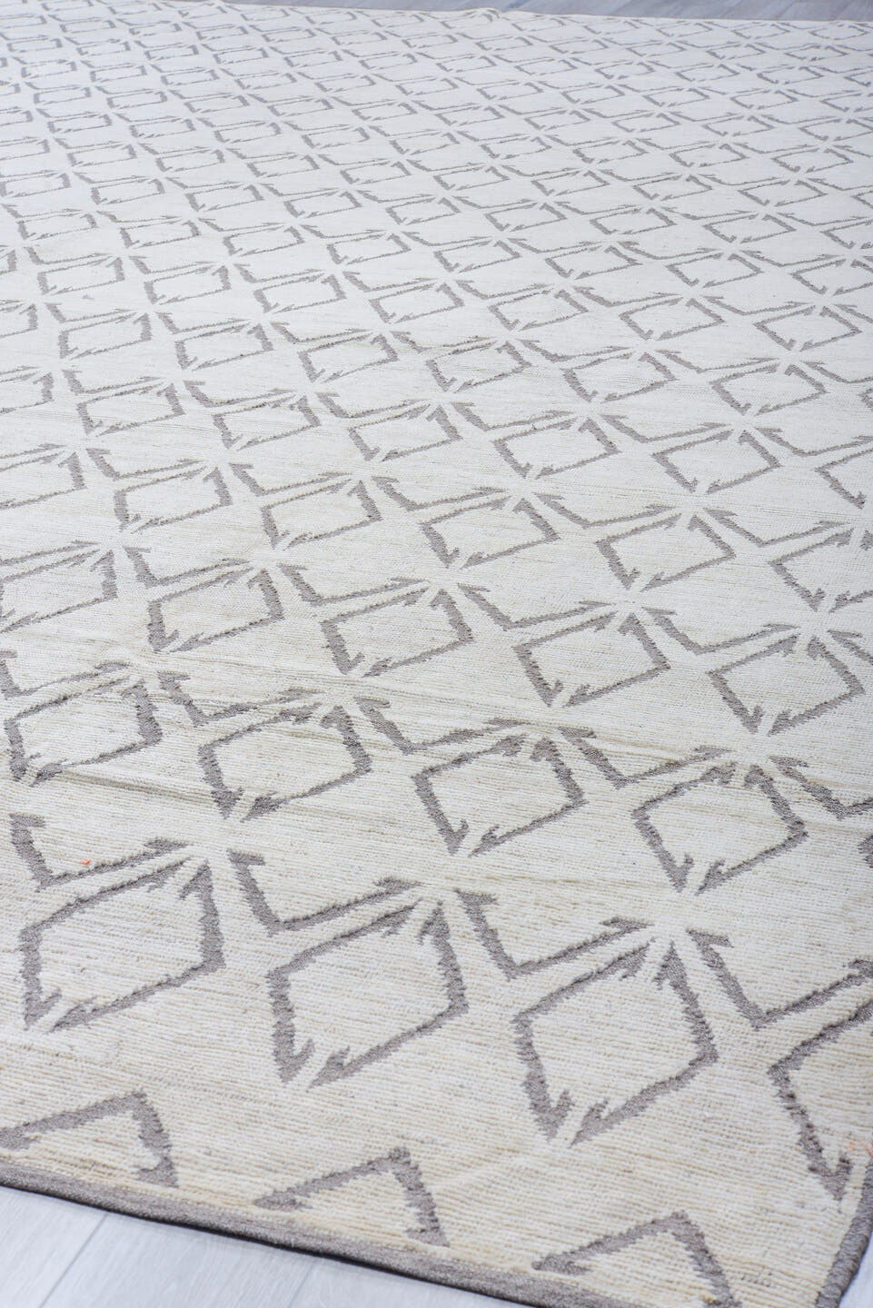 13' x 19' one-of-a-kind handmade vintage Tulu oversize rug. Color palette: ivory, charcoal, taupe, cream, gray, black, beige