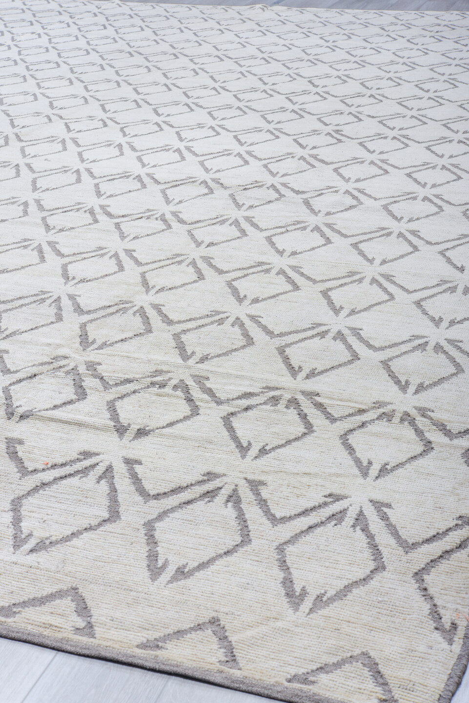 13' x 19' one-of-a-kind handmade vintage Tulu oversize rug. Color palette: ivory, charcoal, taupe, cream, gray, black, beige
