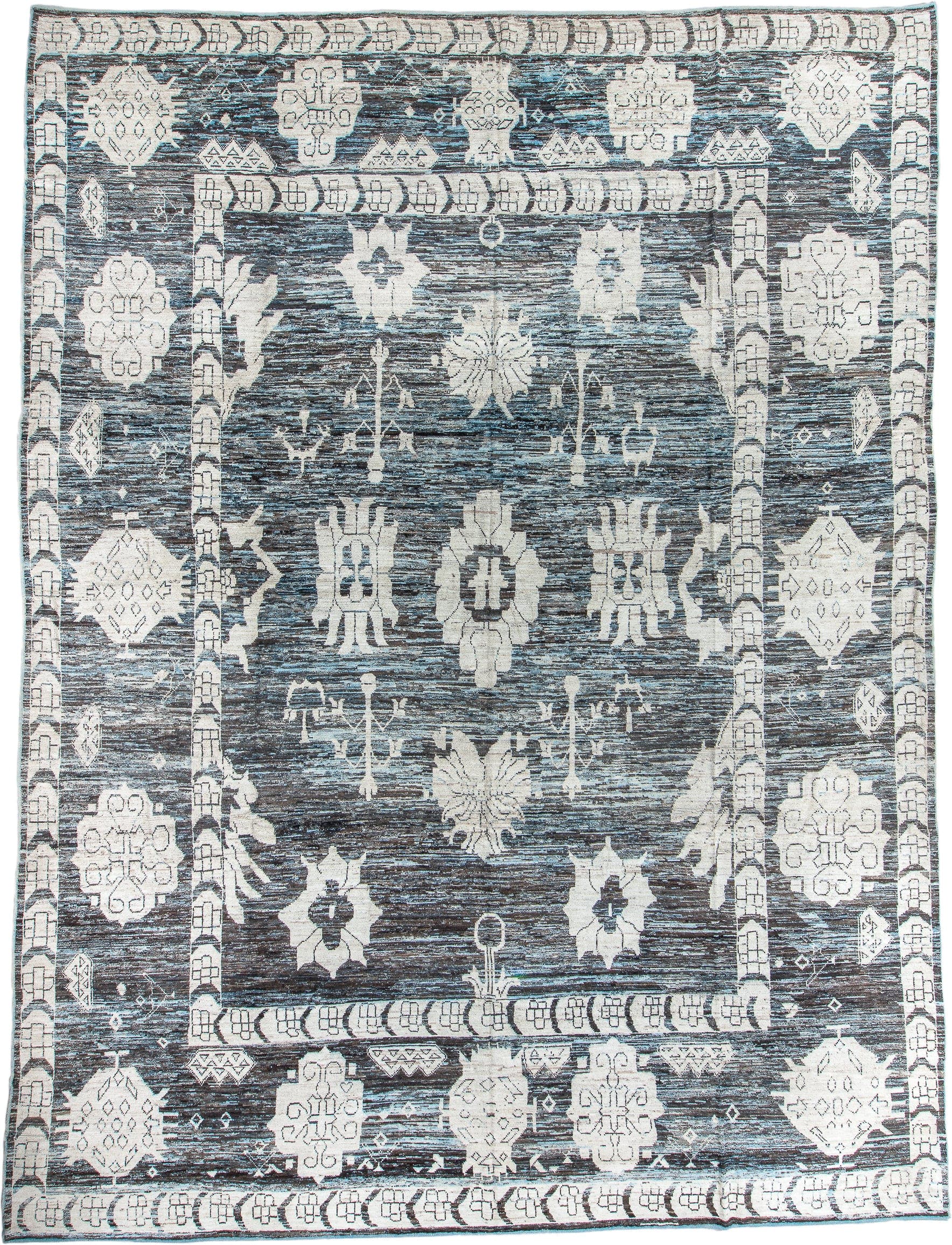 13' x 18' one-of-a-kind handmade vintage Tulu oversize rug. Color palette: blue gray, ivory, charcoal, slate, cream, gray