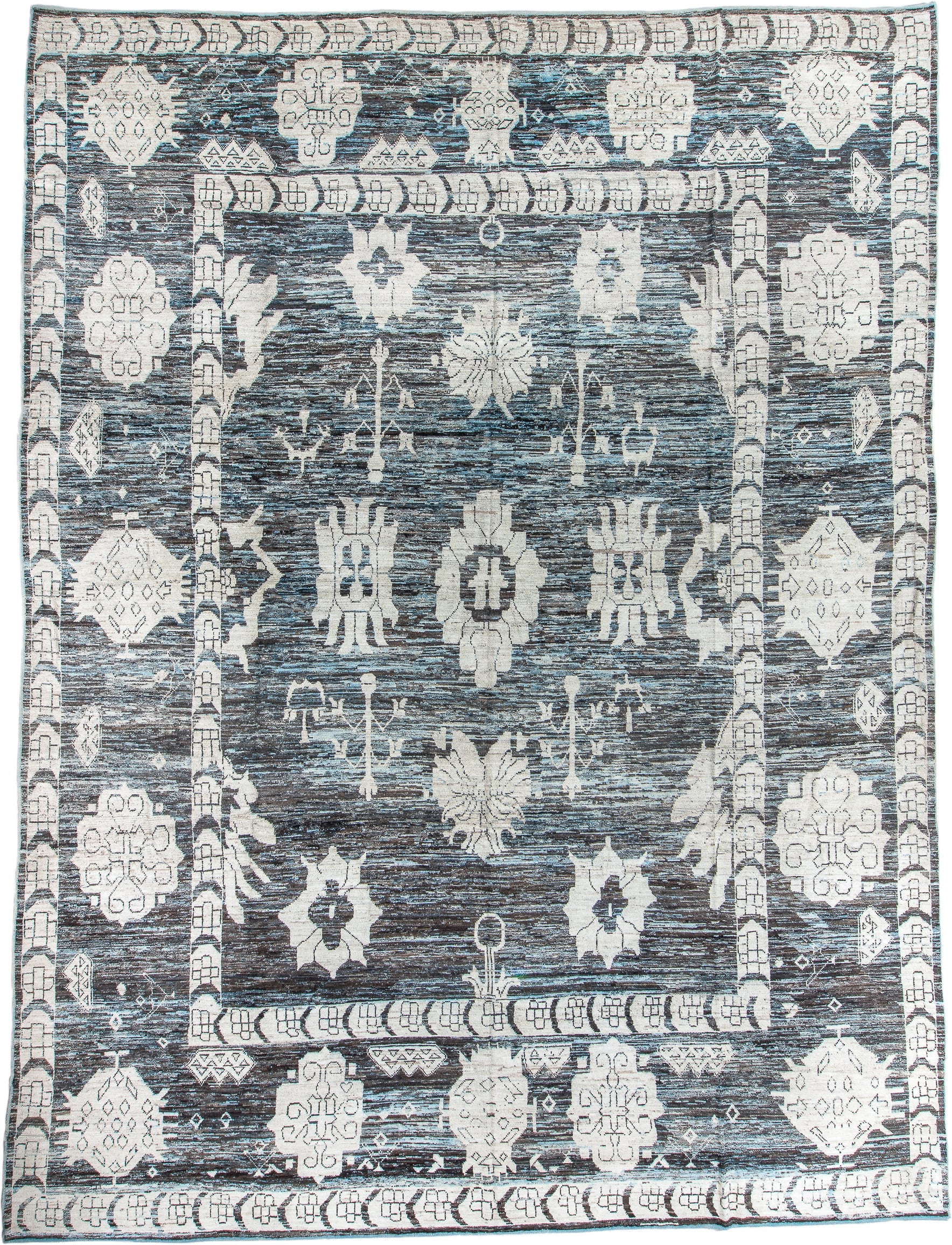 13' x 18' one-of-a-kind handmade vintage Tulu oversize rug. Color palette: blue gray, ivory, charcoal, slate, cream, gray