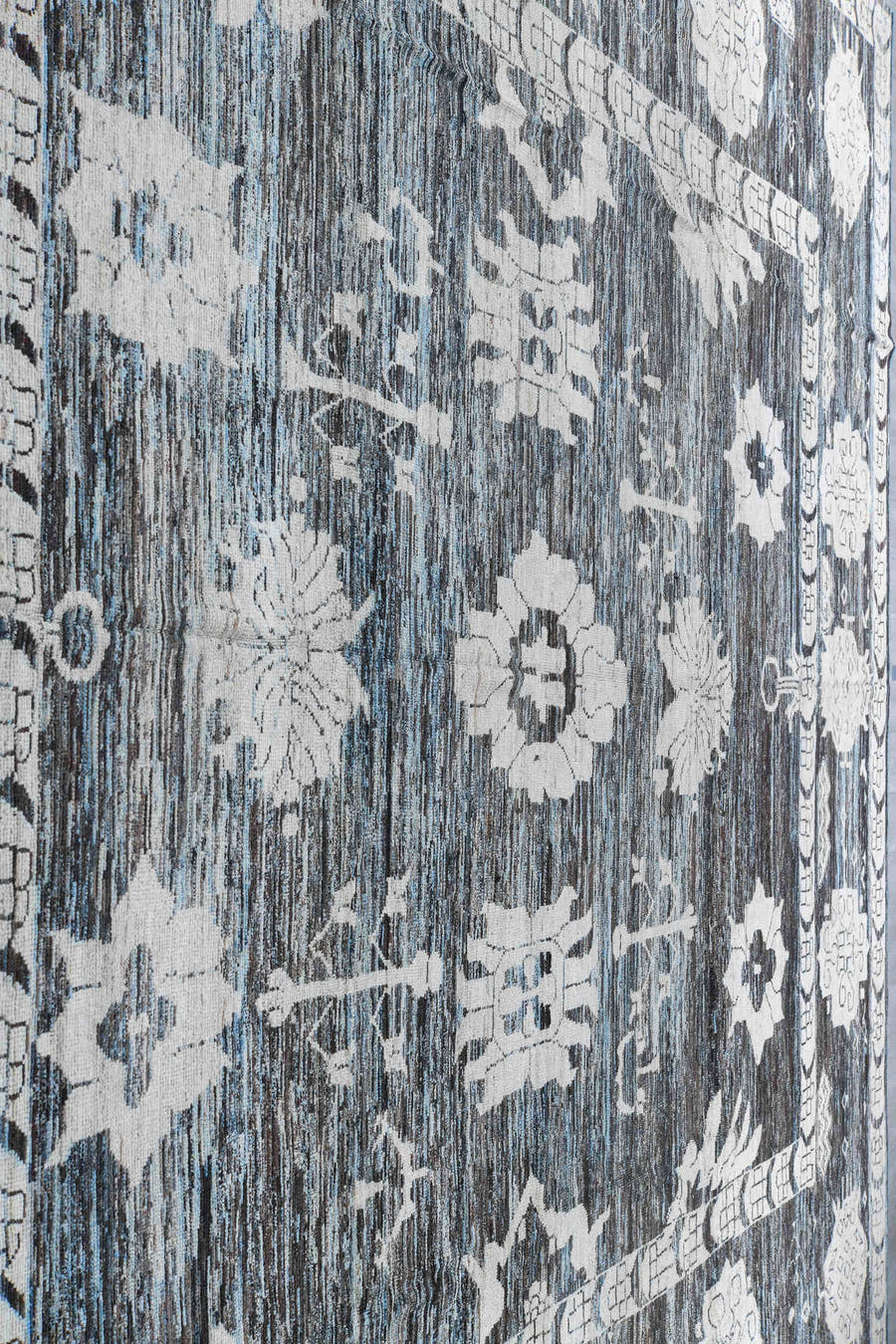 13' x 18' one-of-a-kind handmade vintage Tulu oversize rug. Color palette: blue gray, ivory, charcoal, slate, cream, gray