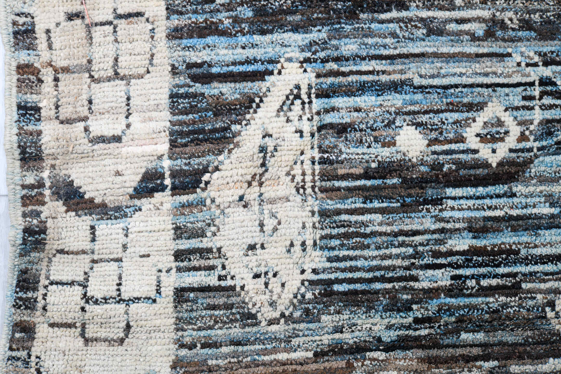 13' x 18' one-of-a-kind handmade vintage Tulu oversize rug. Color palette: blue gray, ivory, charcoal, slate, cream, gray