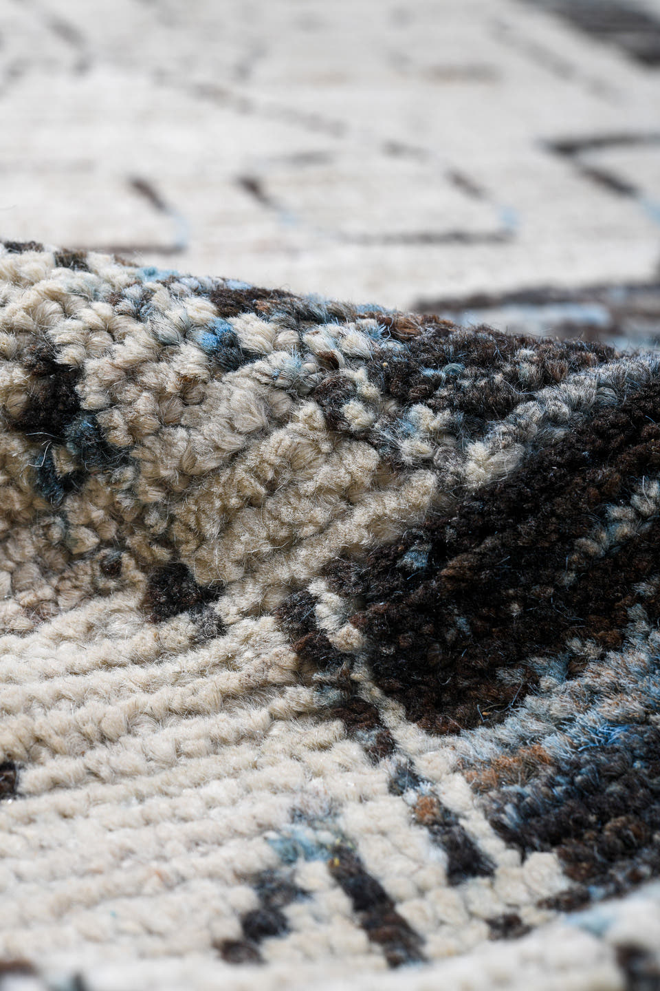 13' x 18' one-of-a-kind handmade vintage Tulu oversize rug. Color palette: blue gray, ivory, charcoal, slate, cream, gray