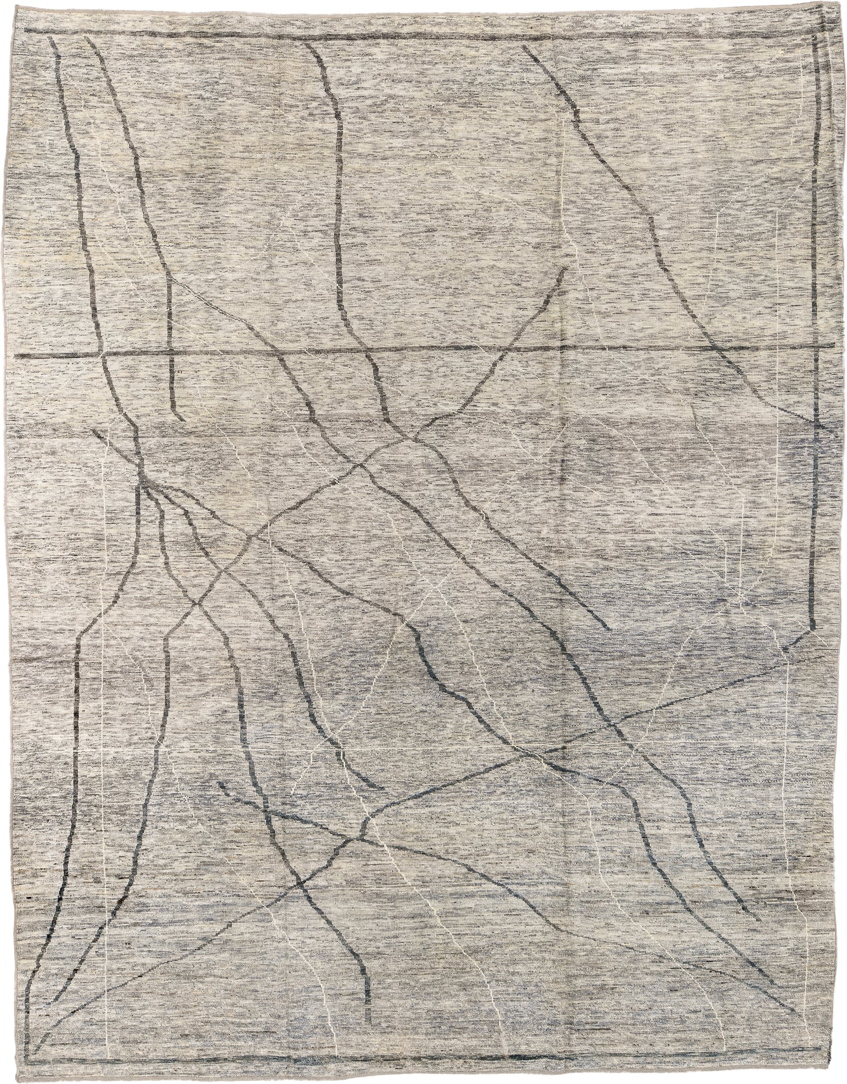 10' x 13' one-of-a-kind handmade vintage Tulu large size rug. Color palette: ivory, gray, charcoal, cream, taupe, black