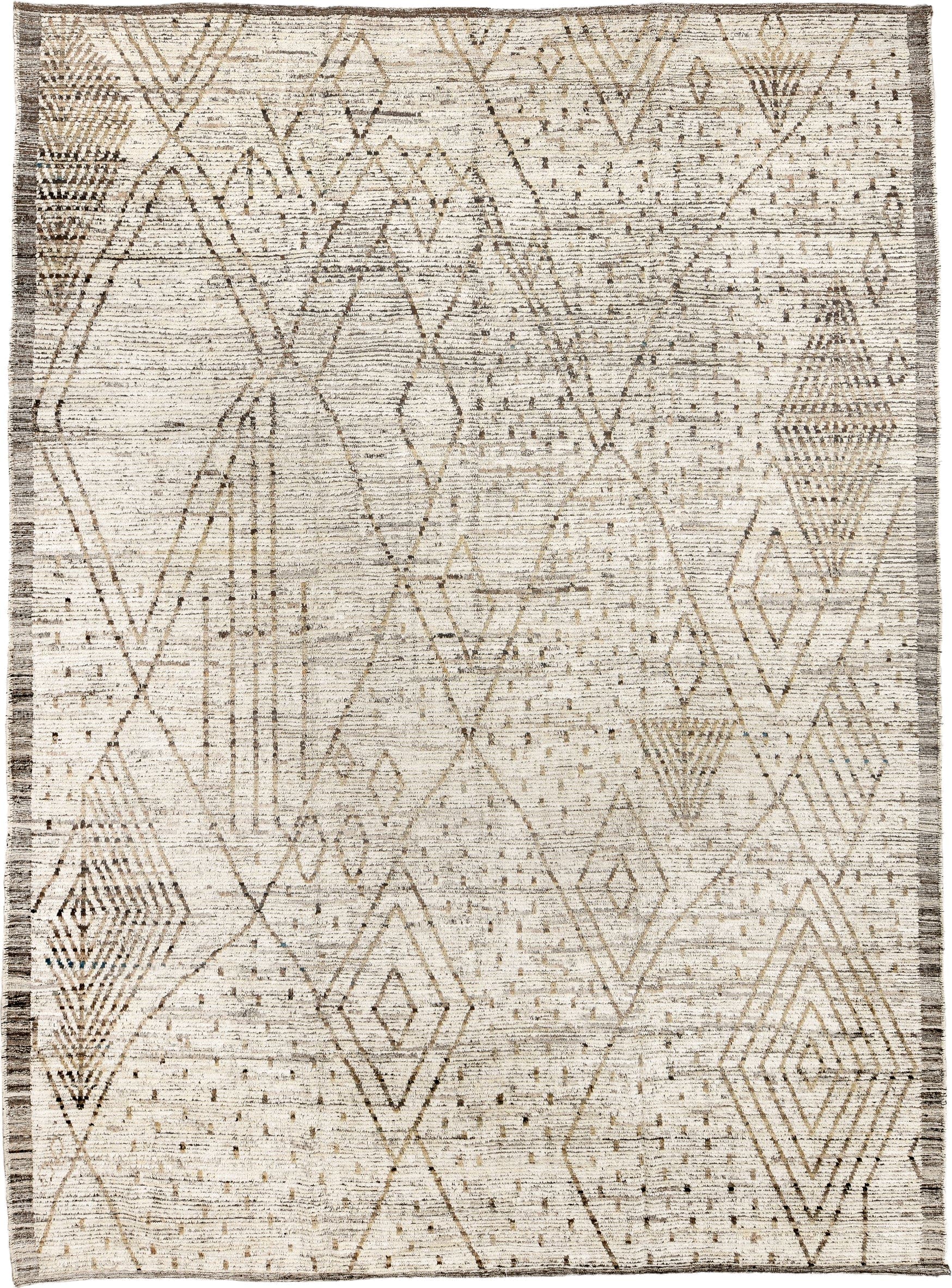10' x 13' one-of-a-kind handmade vintage Tulu large size rug. Color palette: ivory, taupe, brown, charcoal, cream, beige