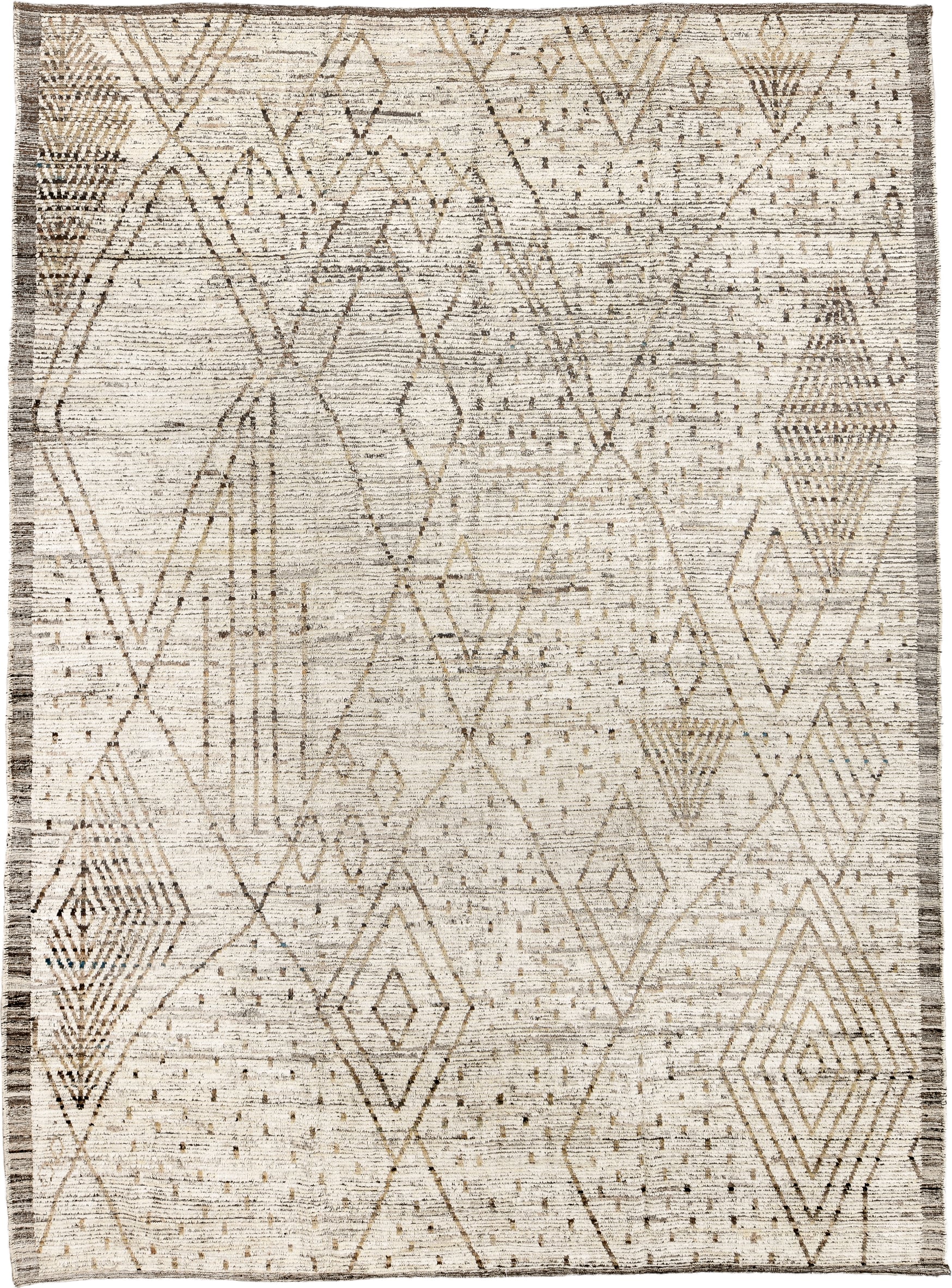 10' x 13' one-of-a-kind handmade vintage Tulu large size rug. Color palette: ivory, taupe, brown, charcoal, cream, beige