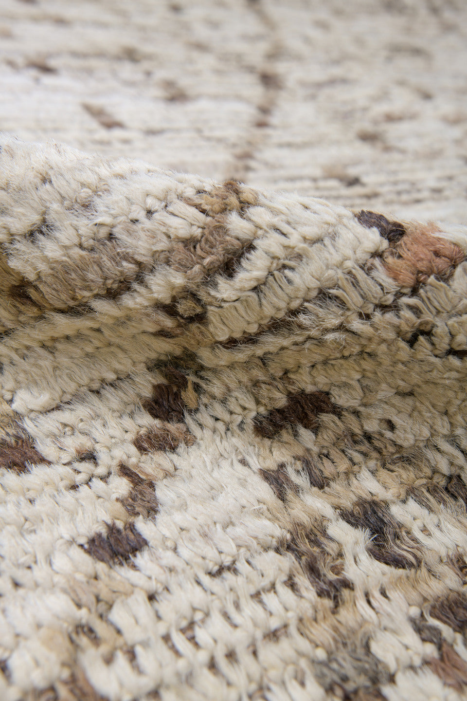 10' x 13' one-of-a-kind handmade vintage Tulu large size rug. Color palette: ivory, taupe, brown, charcoal, cream, beige