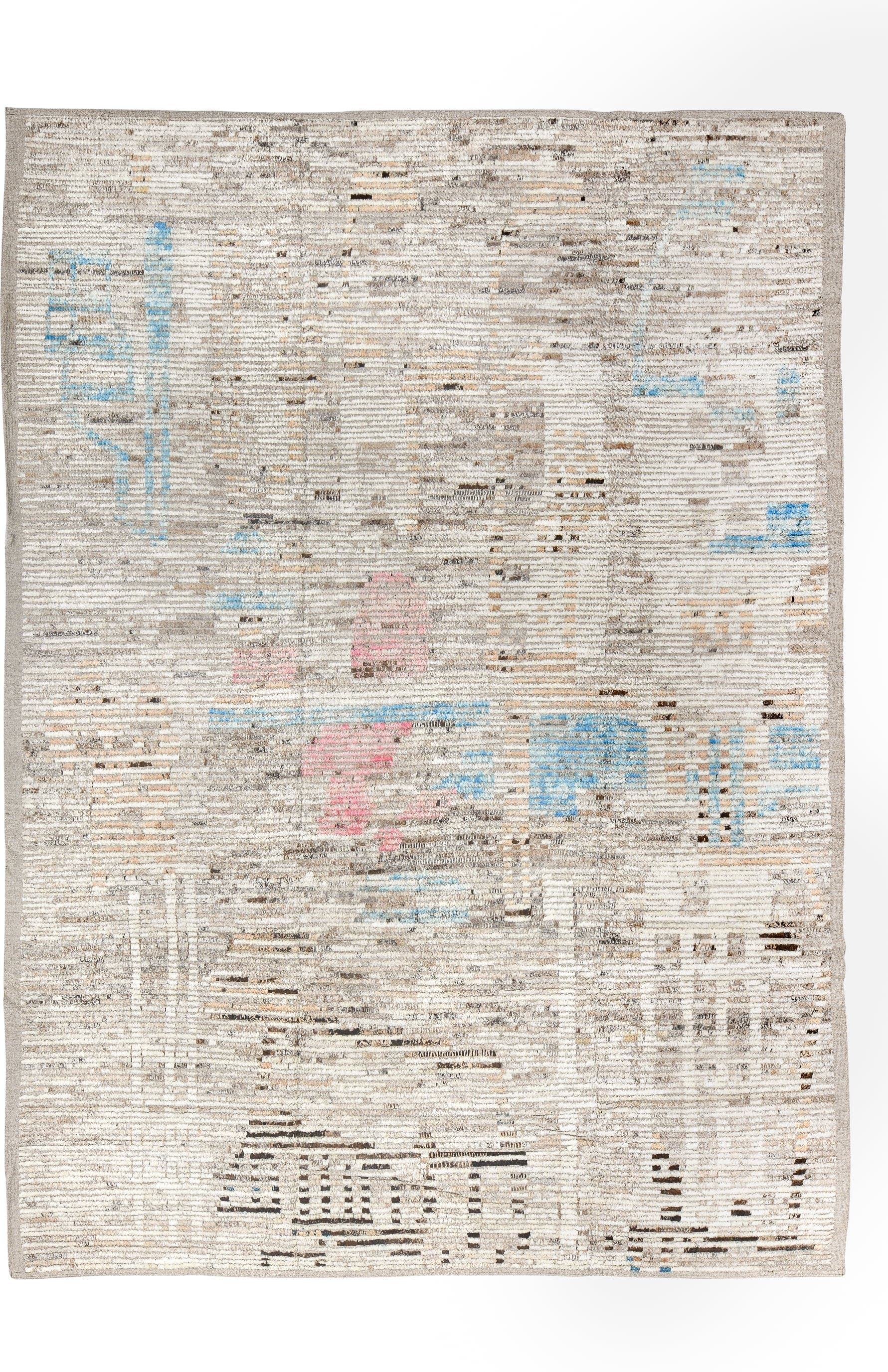 9' x 13' one-of-a-kind handmade vintage Tulu large size rug. Color palette: ivory, taupe, beige, sky_blue, charcoal, blush