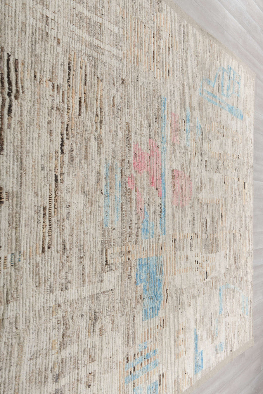 9' x 13' one-of-a-kind handmade vintage Tulu large size rug. Color palette: ivory, taupe, beige, sky_blue, charcoal, blush