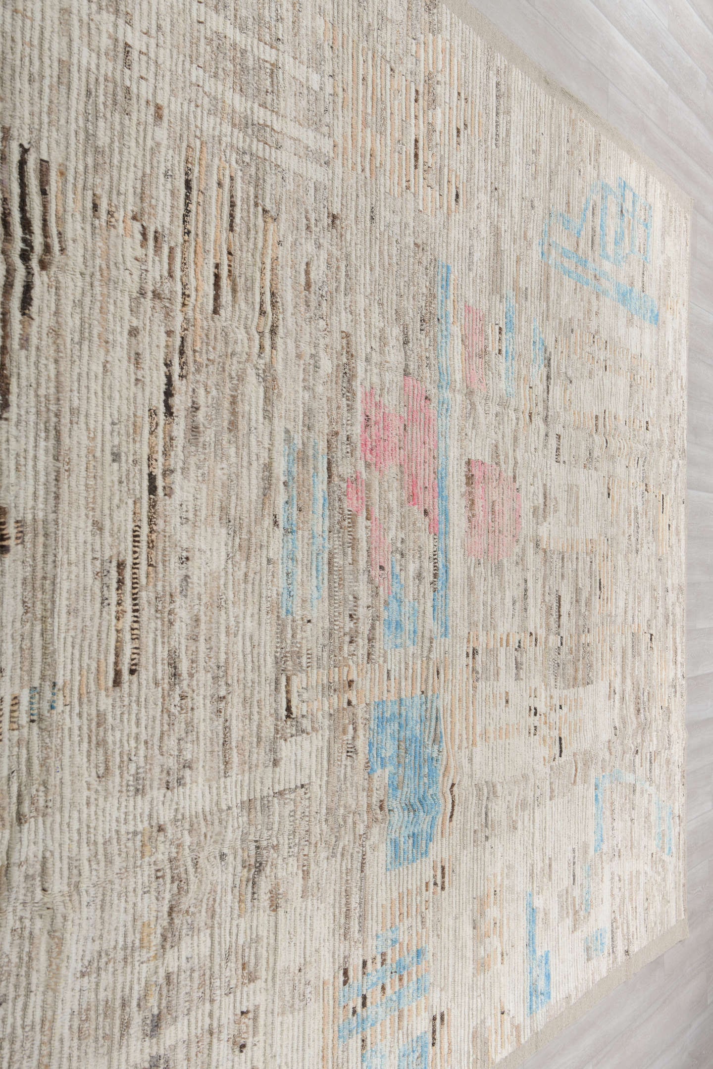 9' x 13' one-of-a-kind handmade vintage Tulu large size rug. Color palette: ivory, taupe, beige, sky_blue, charcoal, blush