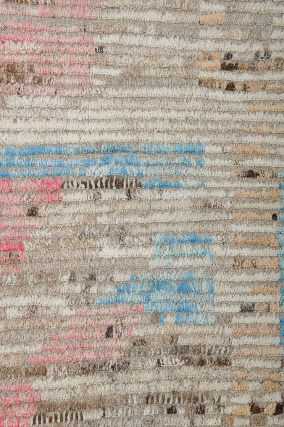 9' x 13' one-of-a-kind handmade vintage Tulu large size rug. Color palette: ivory, taupe, beige, sky_blue, charcoal, blush