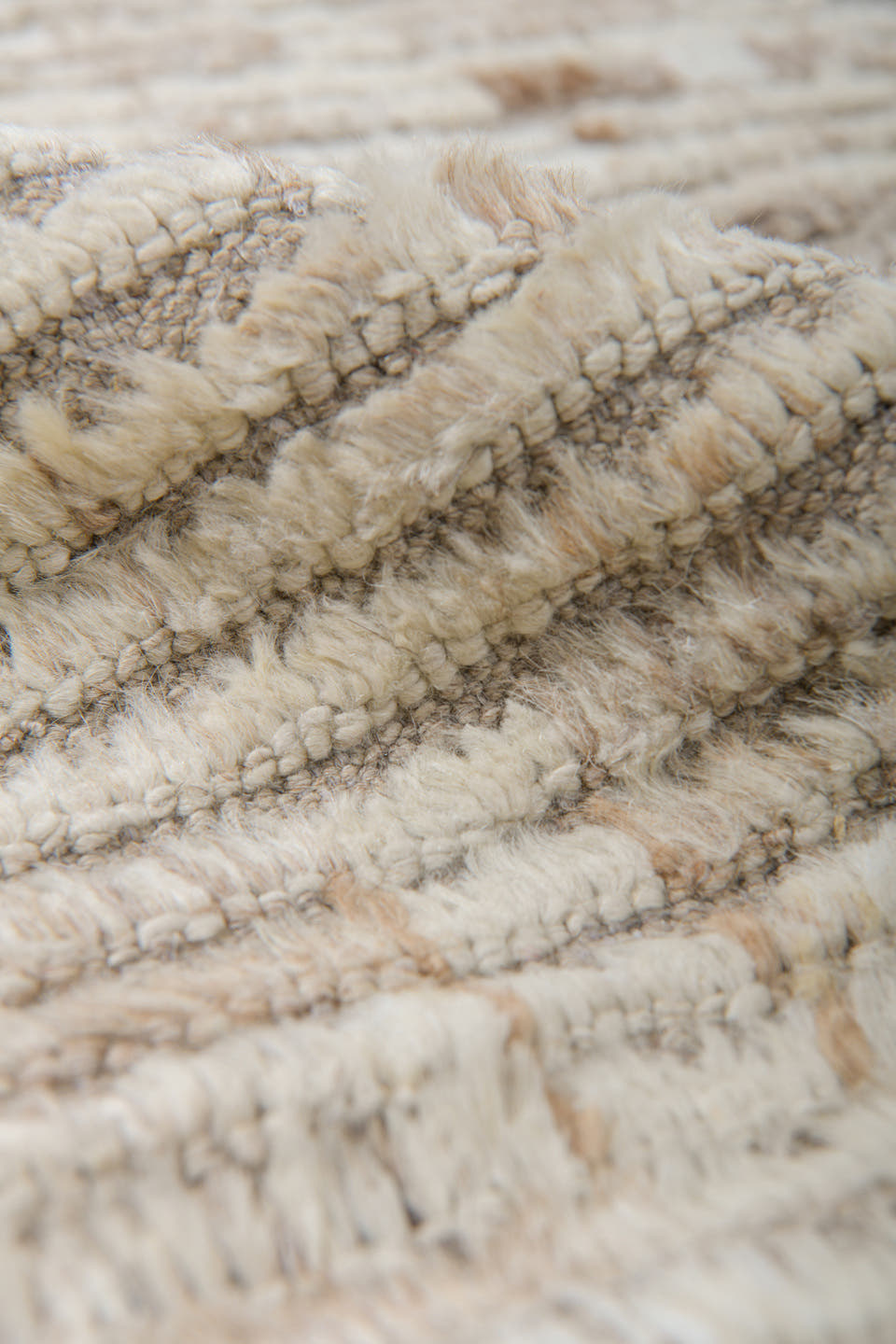 9' x 13' one-of-a-kind handmade vintage Tulu large size rug. Color palette: ivory, taupe, beige, sky_blue, charcoal, blush