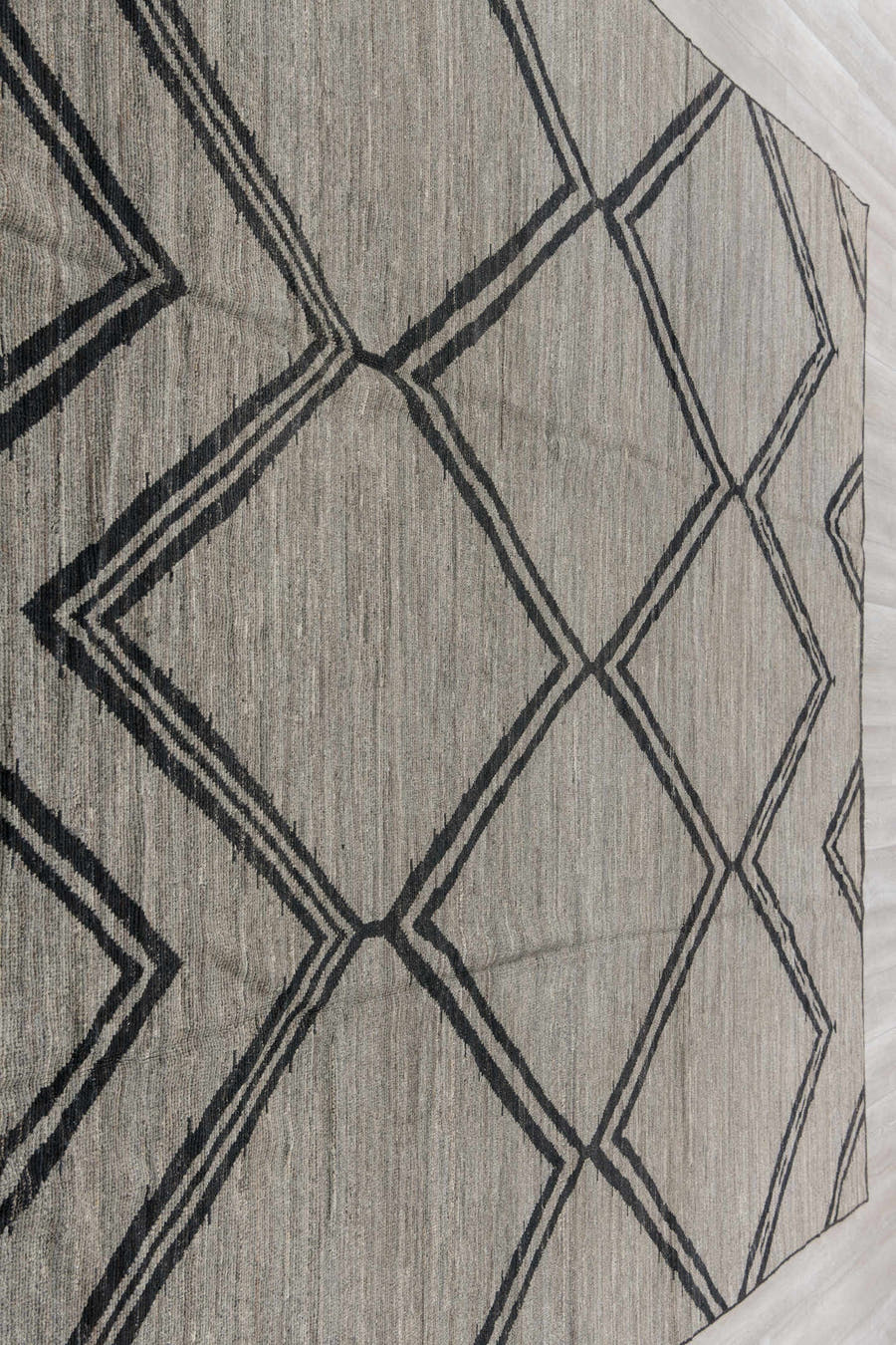 9' x 12' one-of-a-kind handmade vintage Tulu large size rug. Color palette: gray, charcoal, ivory, black
