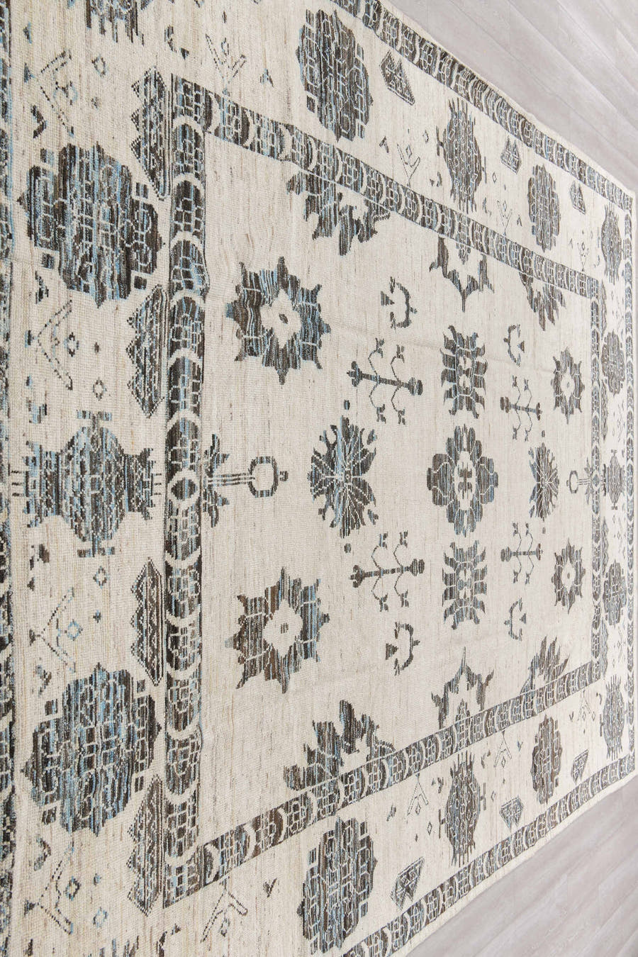 9' x 12' one-of-a-kind handmade vintage Tulu large size rug. Color palette: ivory, charcoal, slate, taupe, cream, gray