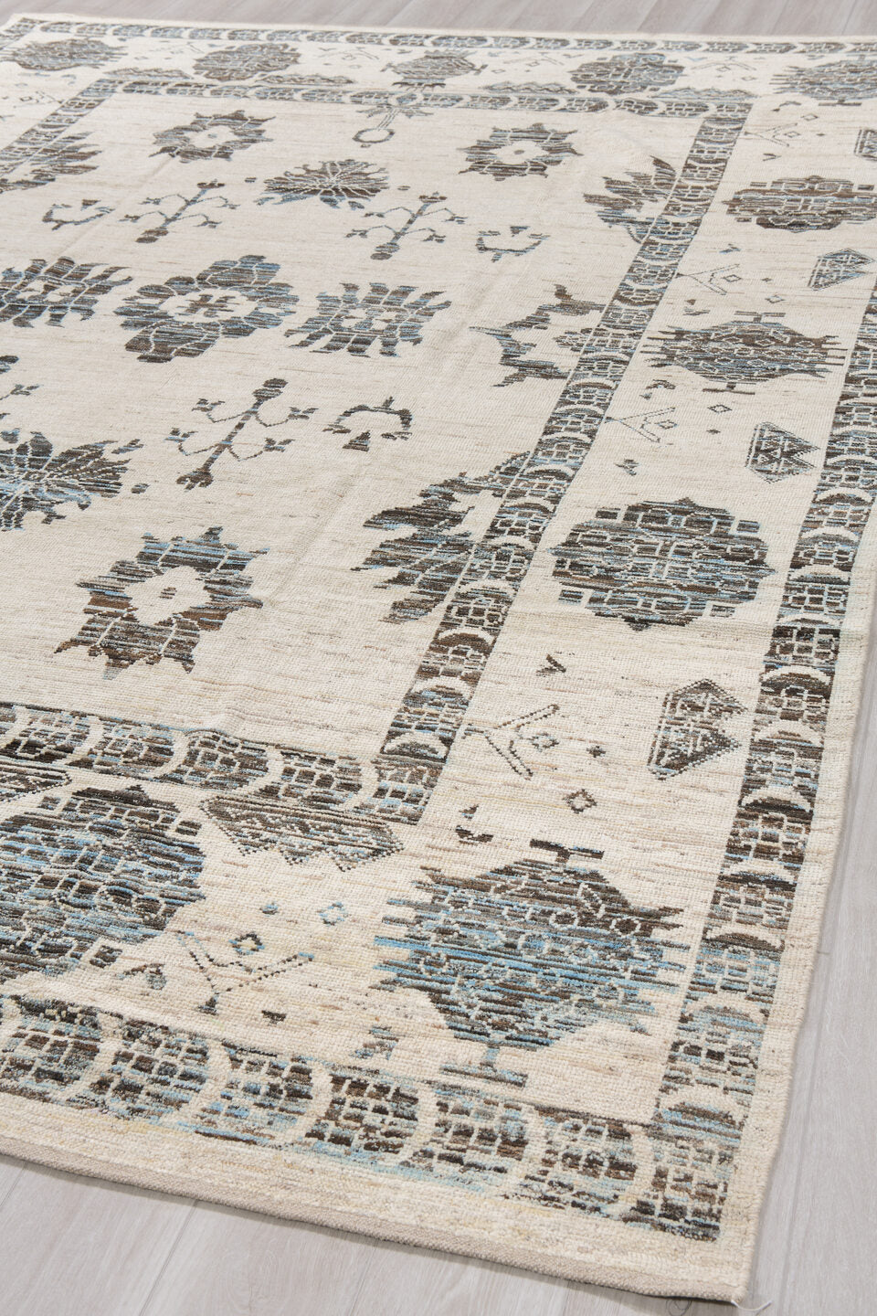9' x 12' one-of-a-kind handmade vintage Tulu large size rug. Color palette: ivory, charcoal, slate, taupe, cream, gray