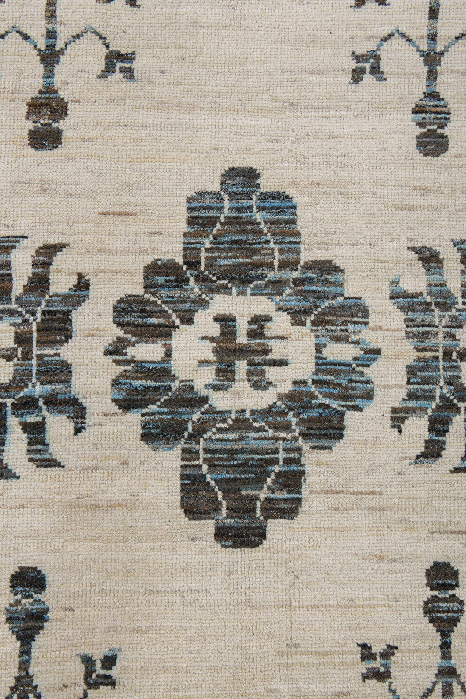 9' x 12' one-of-a-kind handmade vintage Tulu large size rug. Color palette: ivory, charcoal, slate, taupe, cream, gray