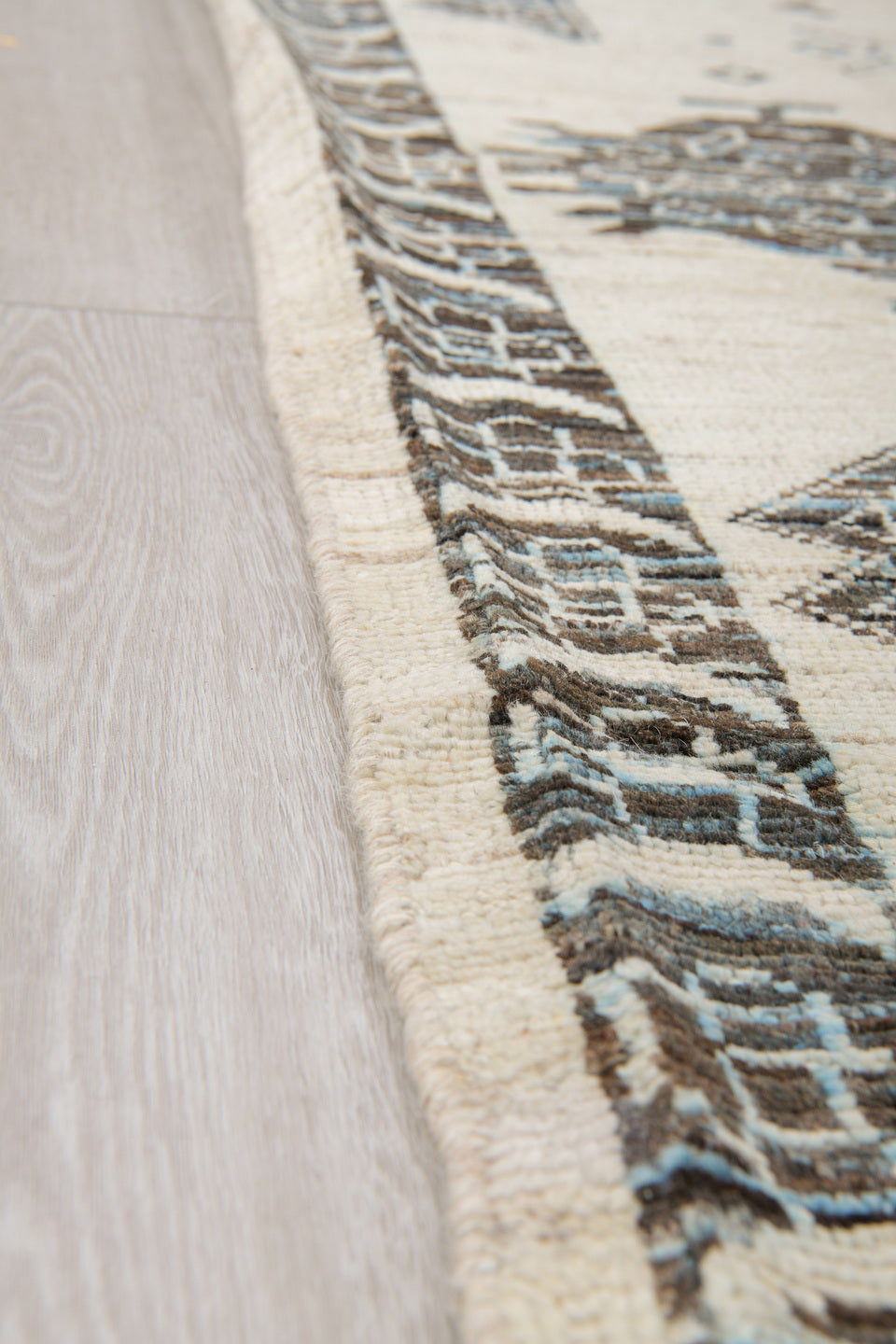 9' x 12' one-of-a-kind handmade vintage Tulu large size rug. Color palette: ivory, charcoal, slate, taupe, cream, gray