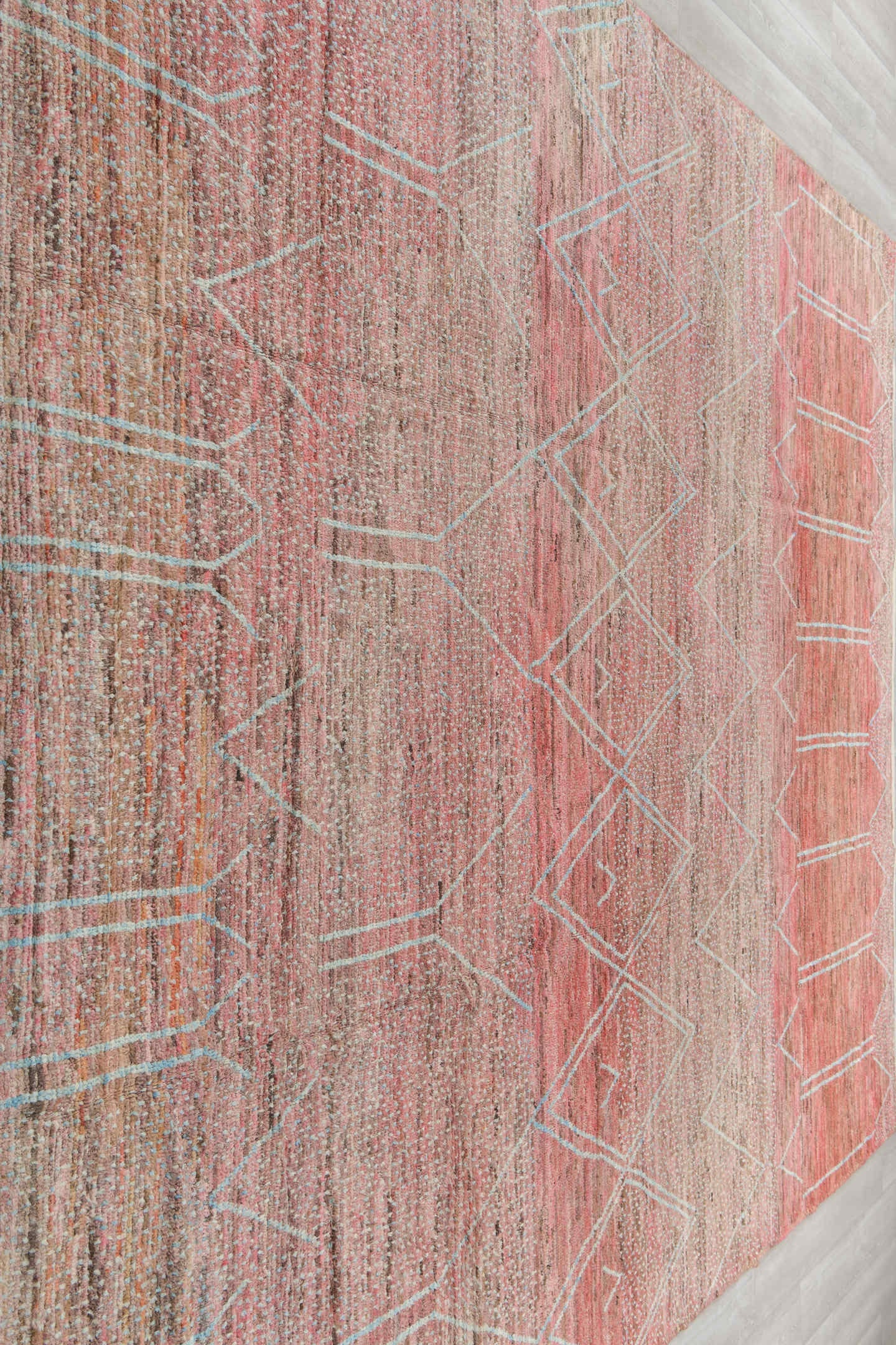 10' x 13' one-of-a-kind handmade vintage Tulu large size rug. Color palette: rose, blush, taupe, ivory, camel, brown