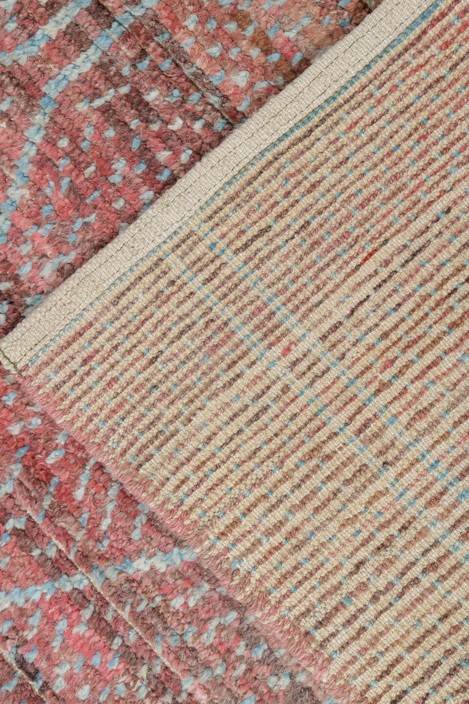 10' x 13' one-of-a-kind handmade vintage Tulu large size rug. Color palette: rose, blush, taupe, ivory, camel, brown
