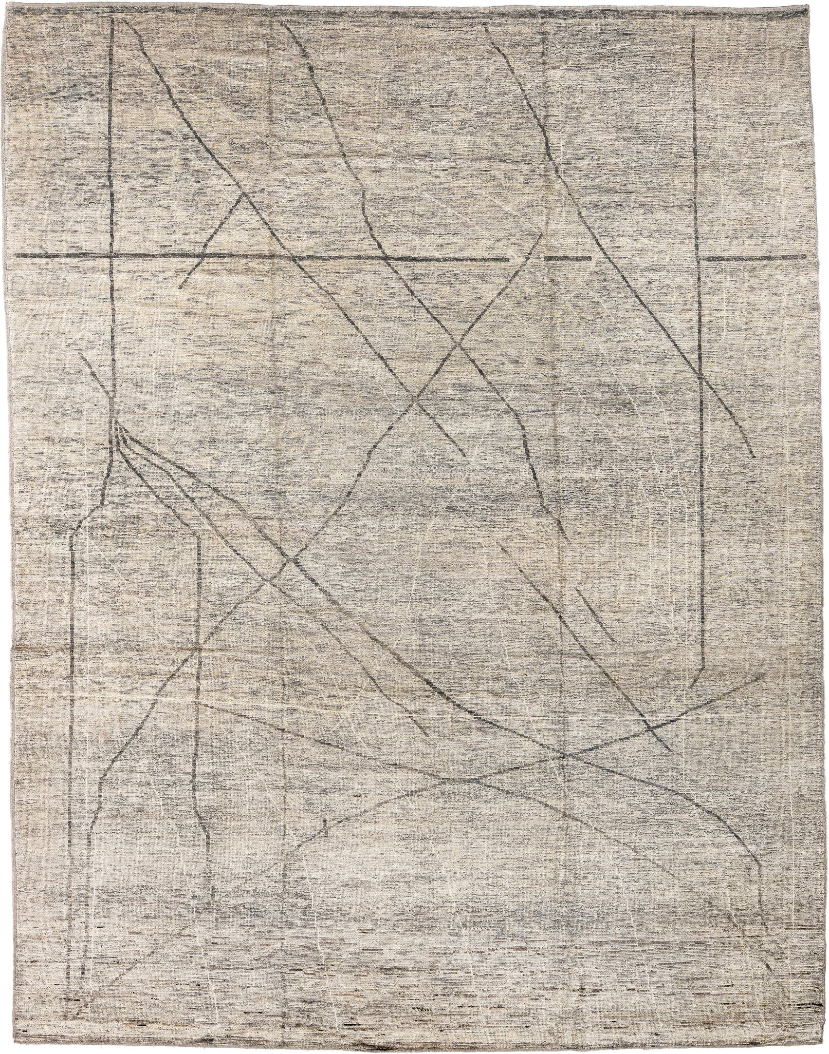 9' x 12' one-of-a-kind handmade vintage Tulu large size rug. Color palette: ivory, taupe, charcoal, cream, gray, beige