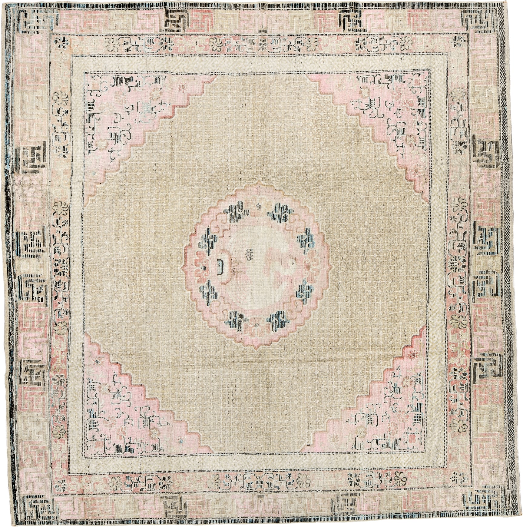 10' x 9' one-of-a-kind handmade vintage Chinese large size rug. Color palette: ivory, blush, charcoal, taupe, cream