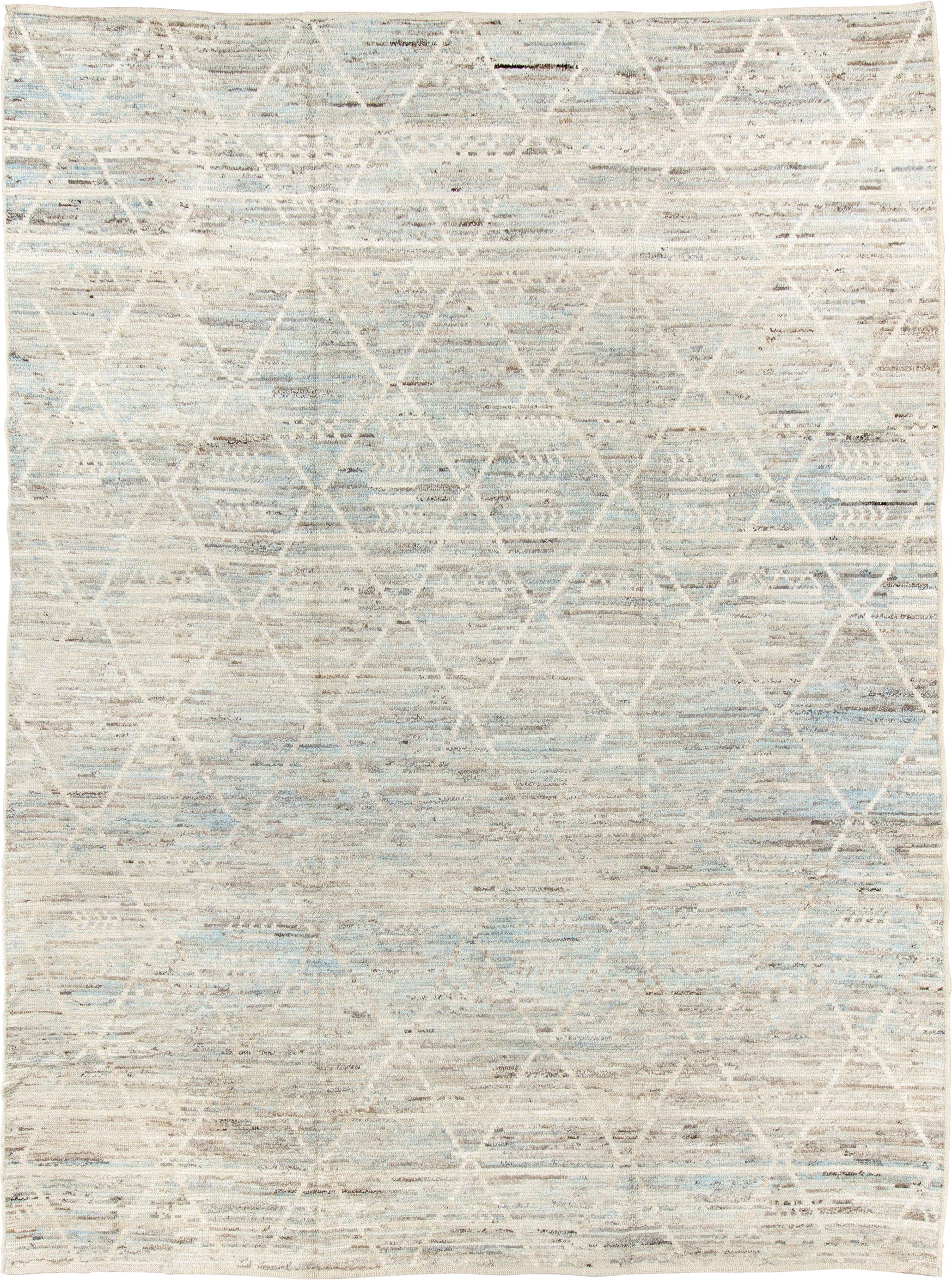 10' x 13' one-of-a-kind handmade vintage Tulu large size rug. Color palette: ivory, pale blue, taupe, cream, charcoal, beige