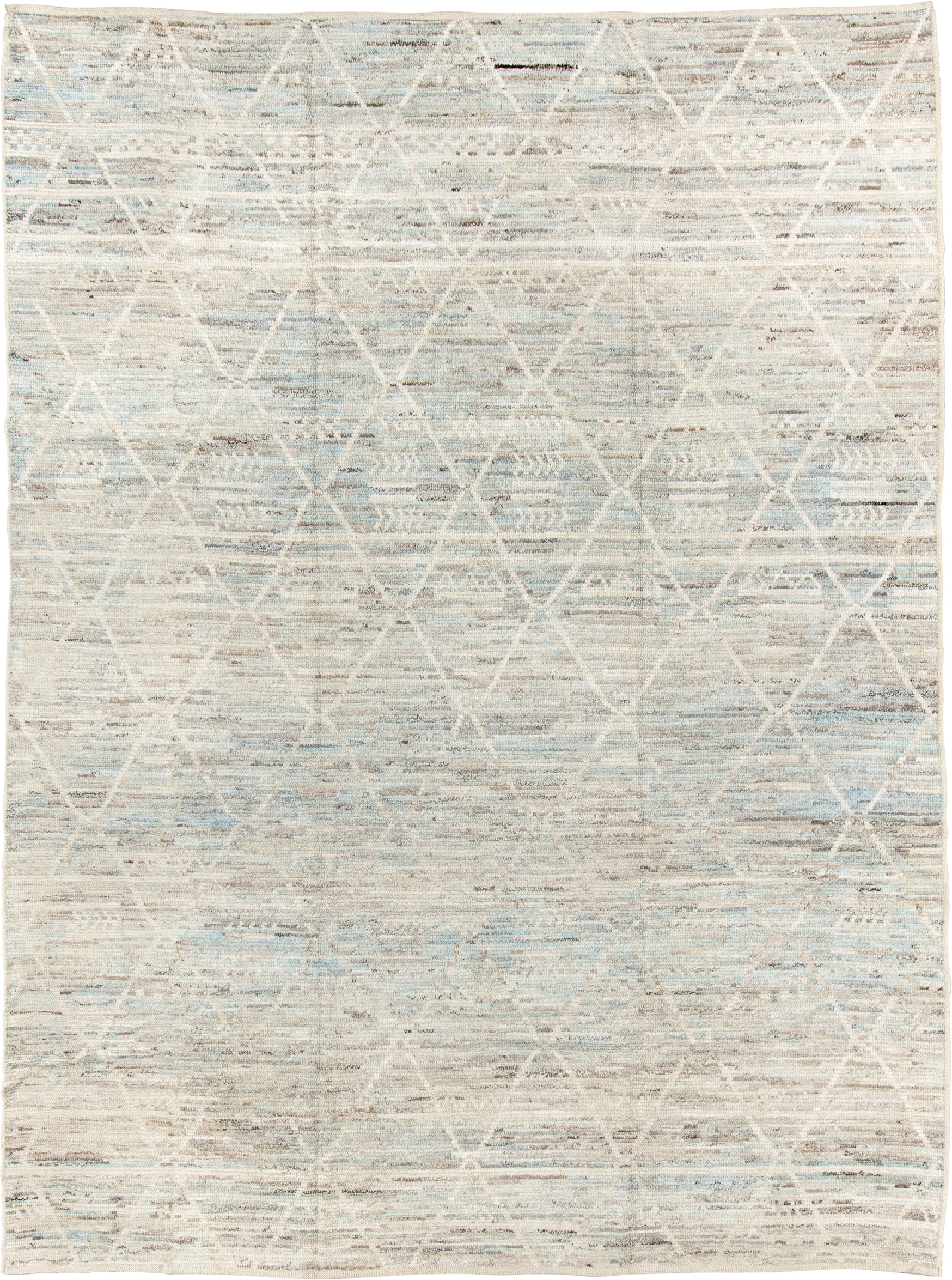 10' x 13' one-of-a-kind handmade vintage Tulu large size rug. Color palette: ivory, pale blue, taupe, cream, charcoal, beige