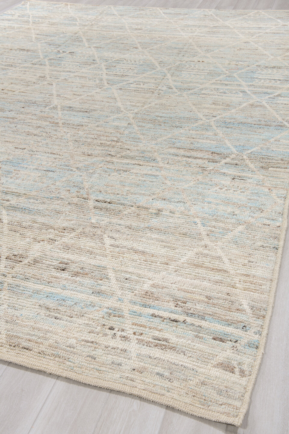 10' x 13' one-of-a-kind handmade vintage Tulu large size rug. Color palette: ivory, pale blue, taupe, cream, charcoal, beige