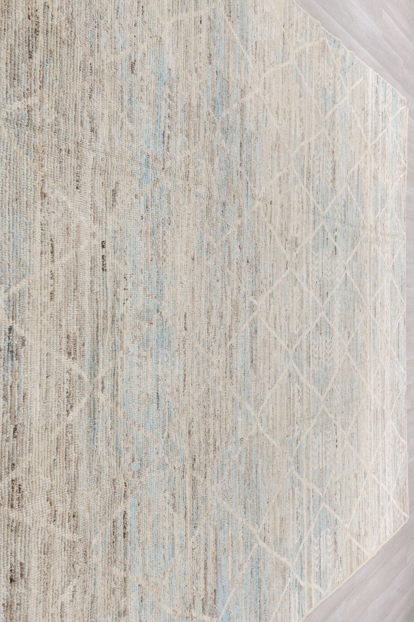 10' x 13' one-of-a-kind handmade vintage Tulu large size rug. Color palette: ivory, pale blue, taupe, cream, charcoal, beige