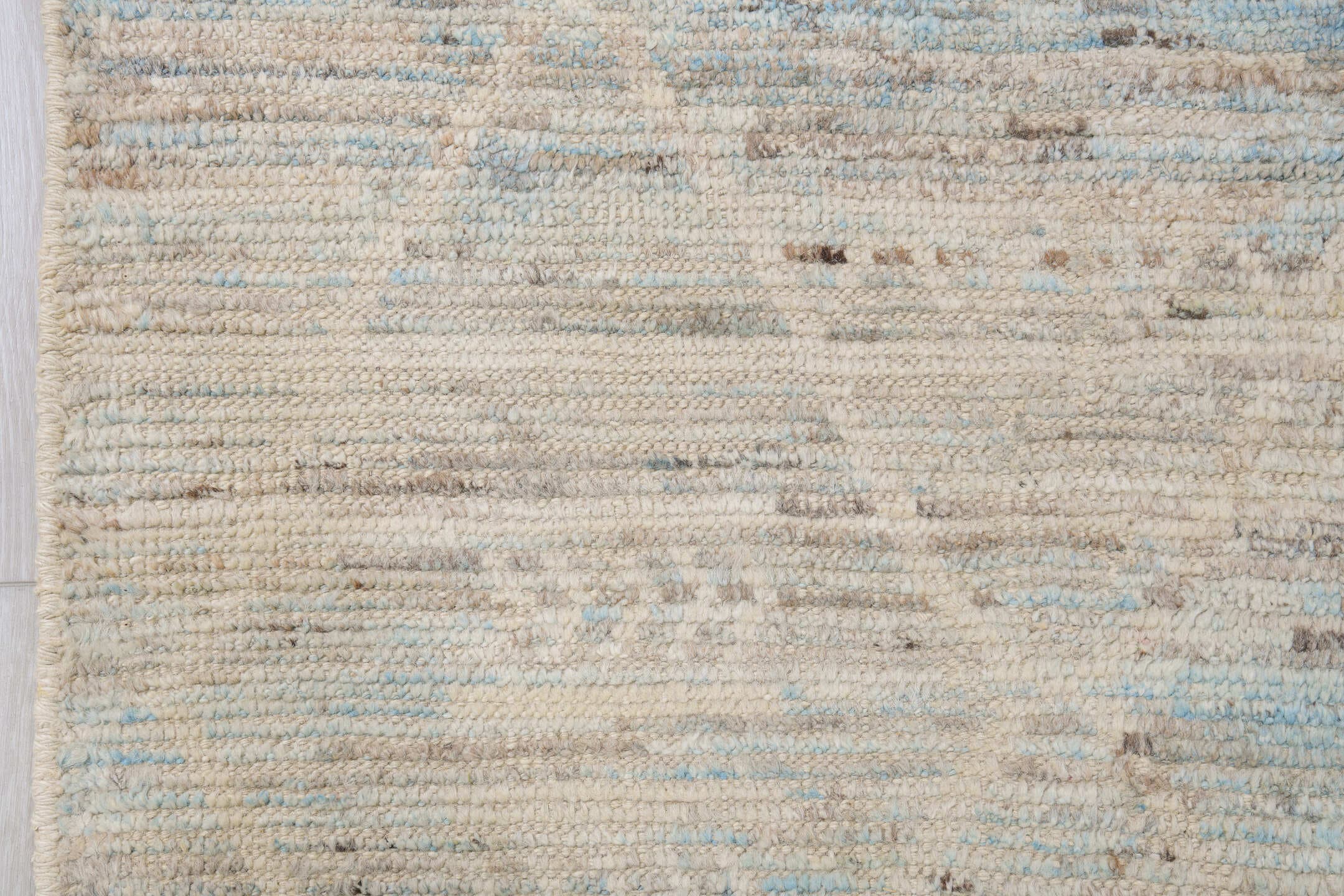 10' x 13' one-of-a-kind handmade vintage Tulu large size rug. Color palette: ivory, pale blue, taupe, cream, charcoal, beige