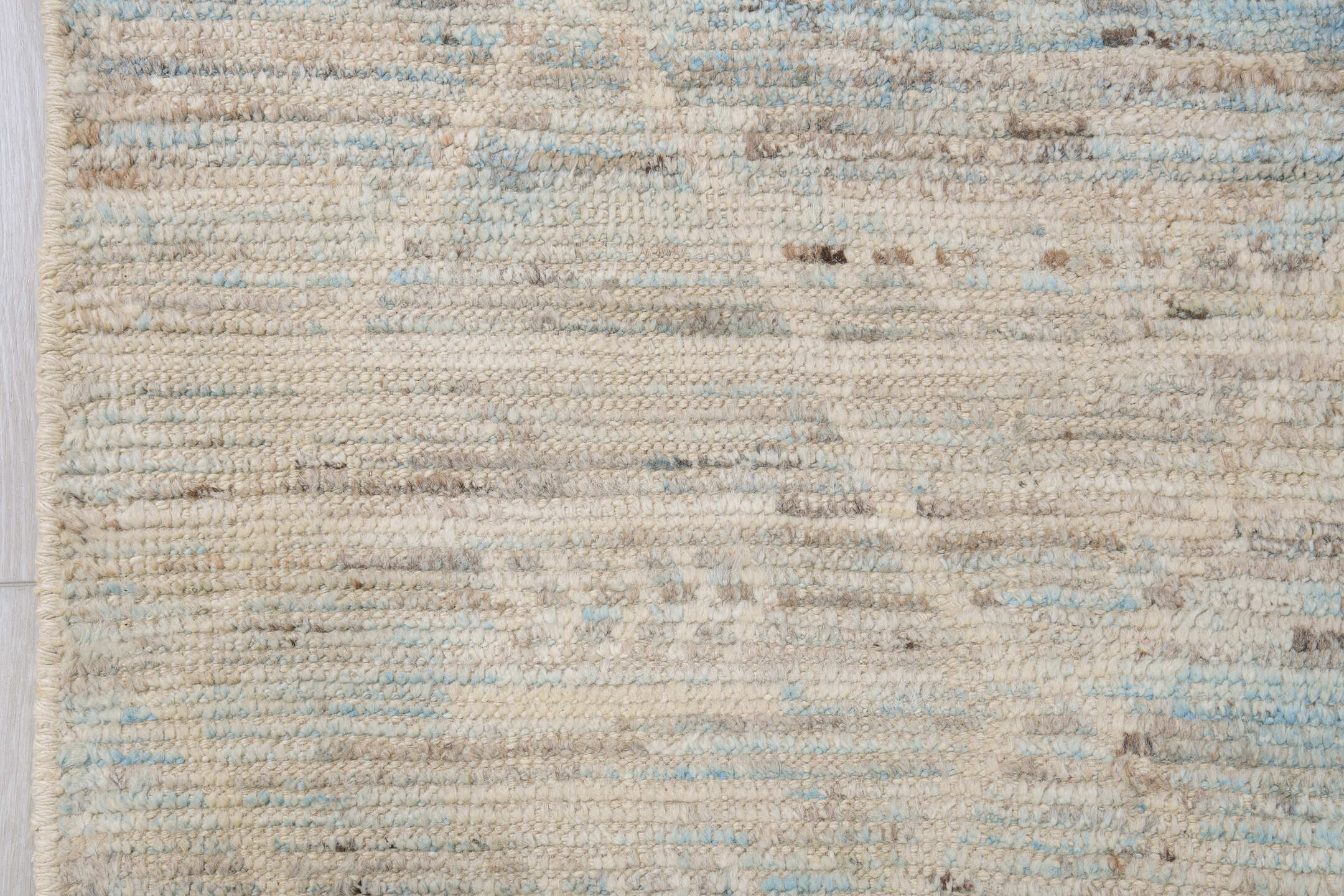 10' x 13' one-of-a-kind handmade vintage Tulu large size rug. Color palette: ivory, pale blue, taupe, cream, charcoal, beige