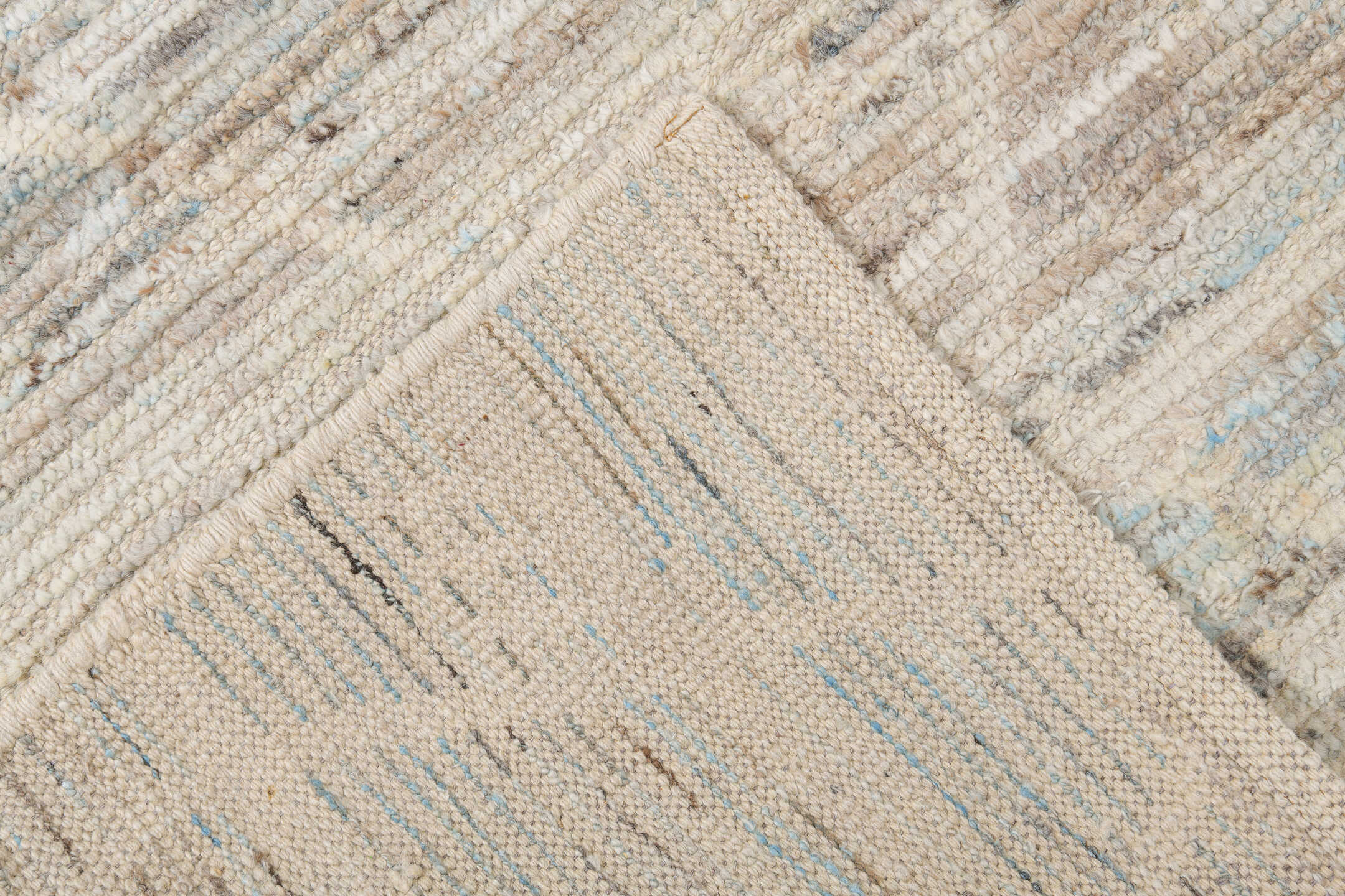 10' x 13' one-of-a-kind handmade vintage Tulu large size rug. Color palette: ivory, pale blue, taupe, cream, charcoal, beige