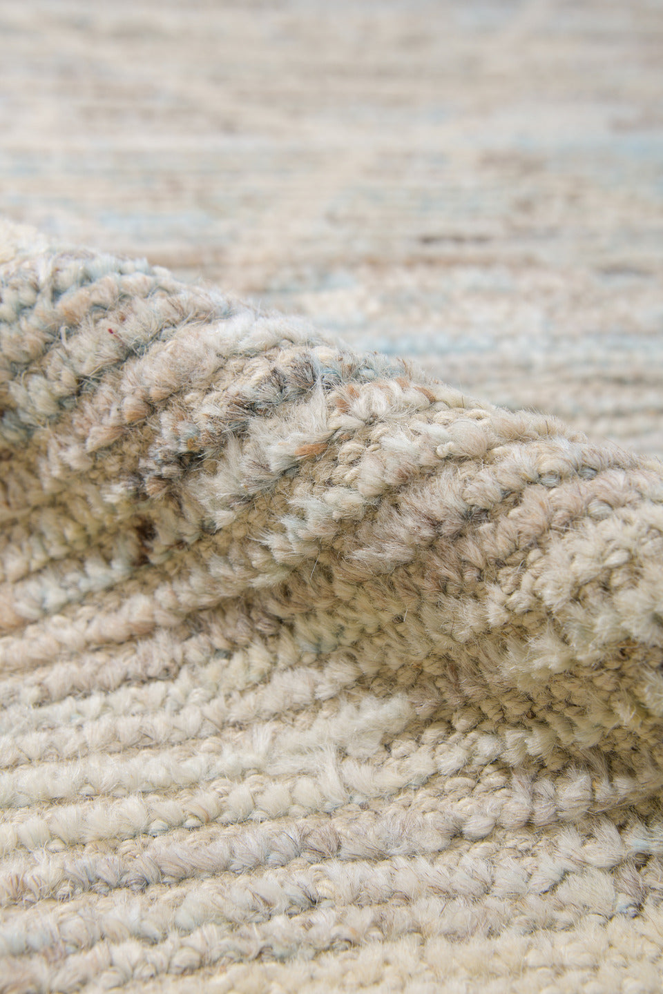 10' x 13' one-of-a-kind handmade vintage Tulu large size rug. Color palette: ivory, pale blue, taupe, cream, charcoal, beige