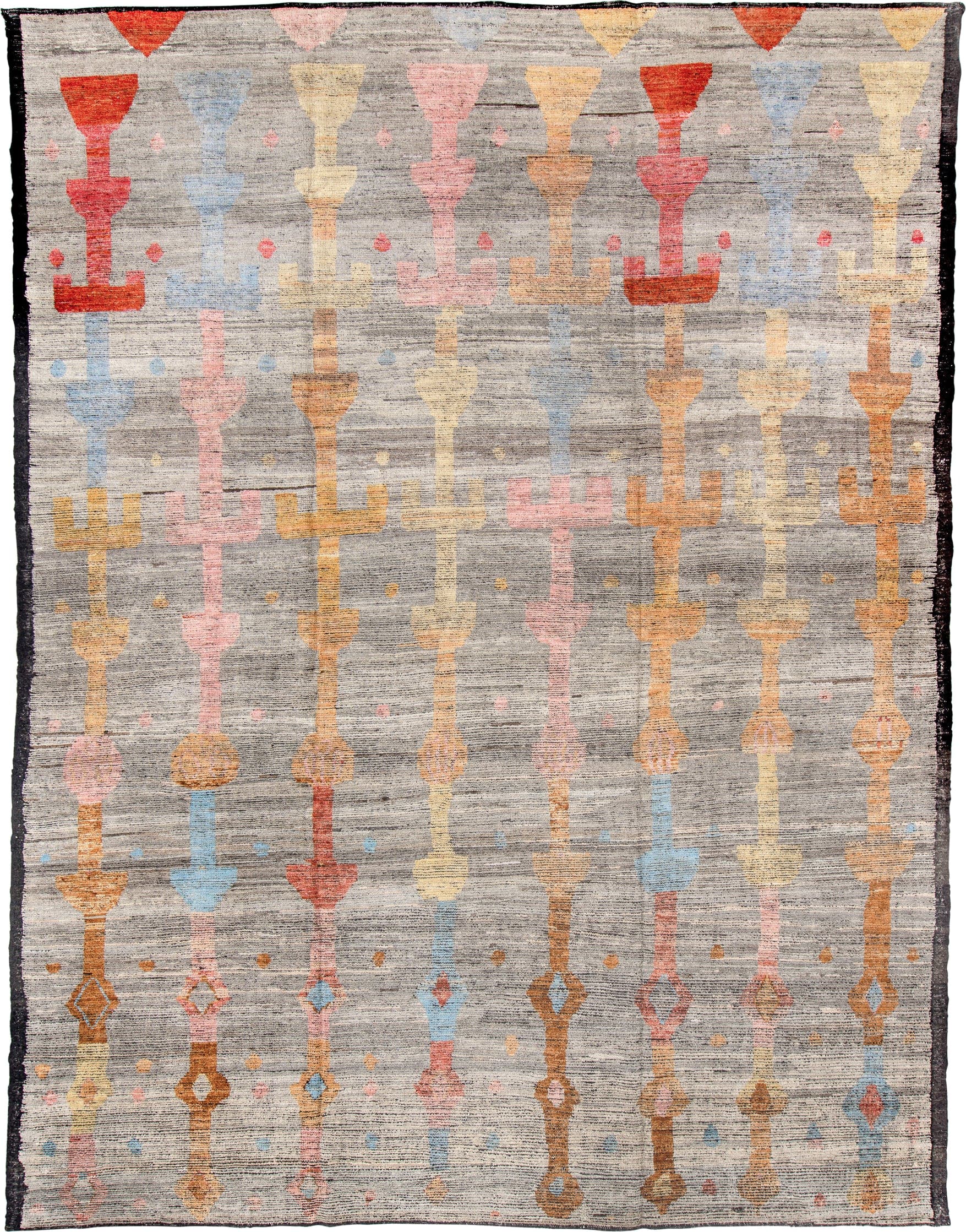 10' x 13' one-of-a-kind handmade vintage Tulu large size rug. Color palette: gray, terra cotta, camel, blush, pale gold