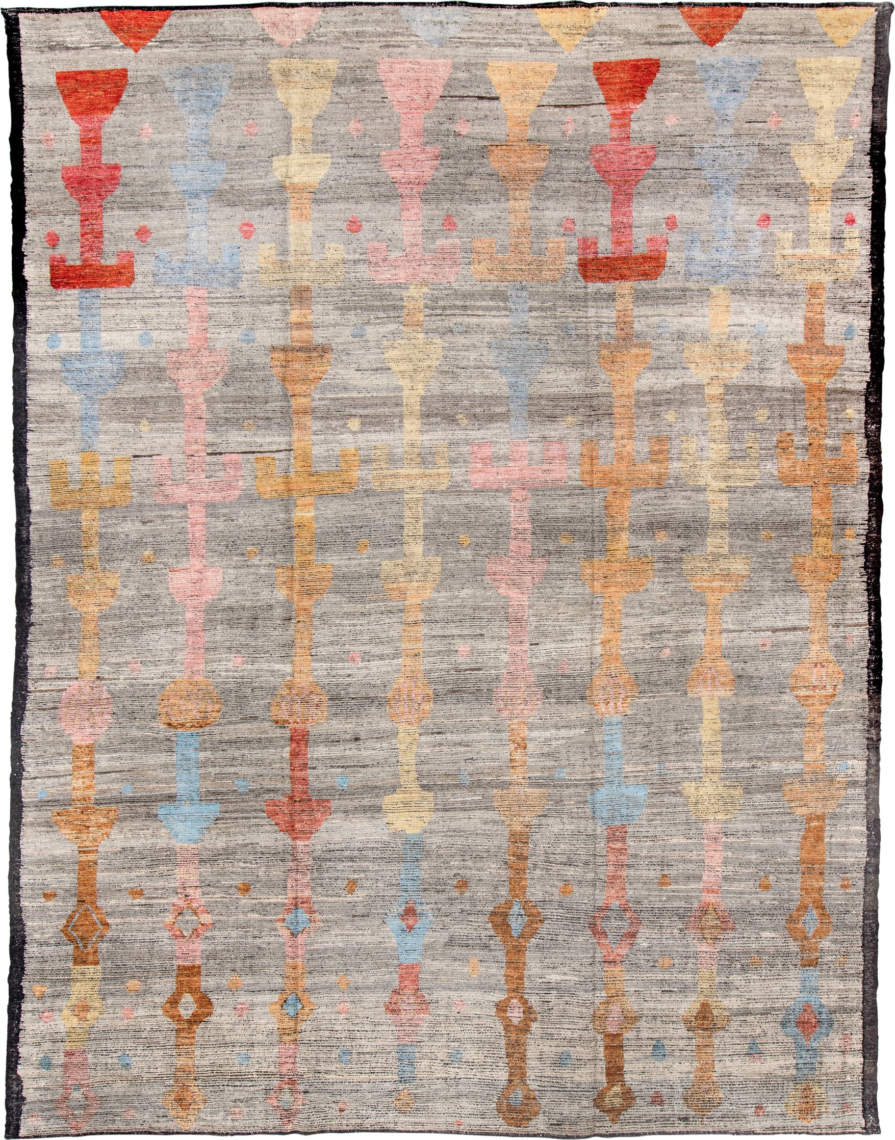 10' x 13' one-of-a-kind handmade vintage Tulu large size rug. Color palette: gray, terra cotta, camel, blush, pale gold