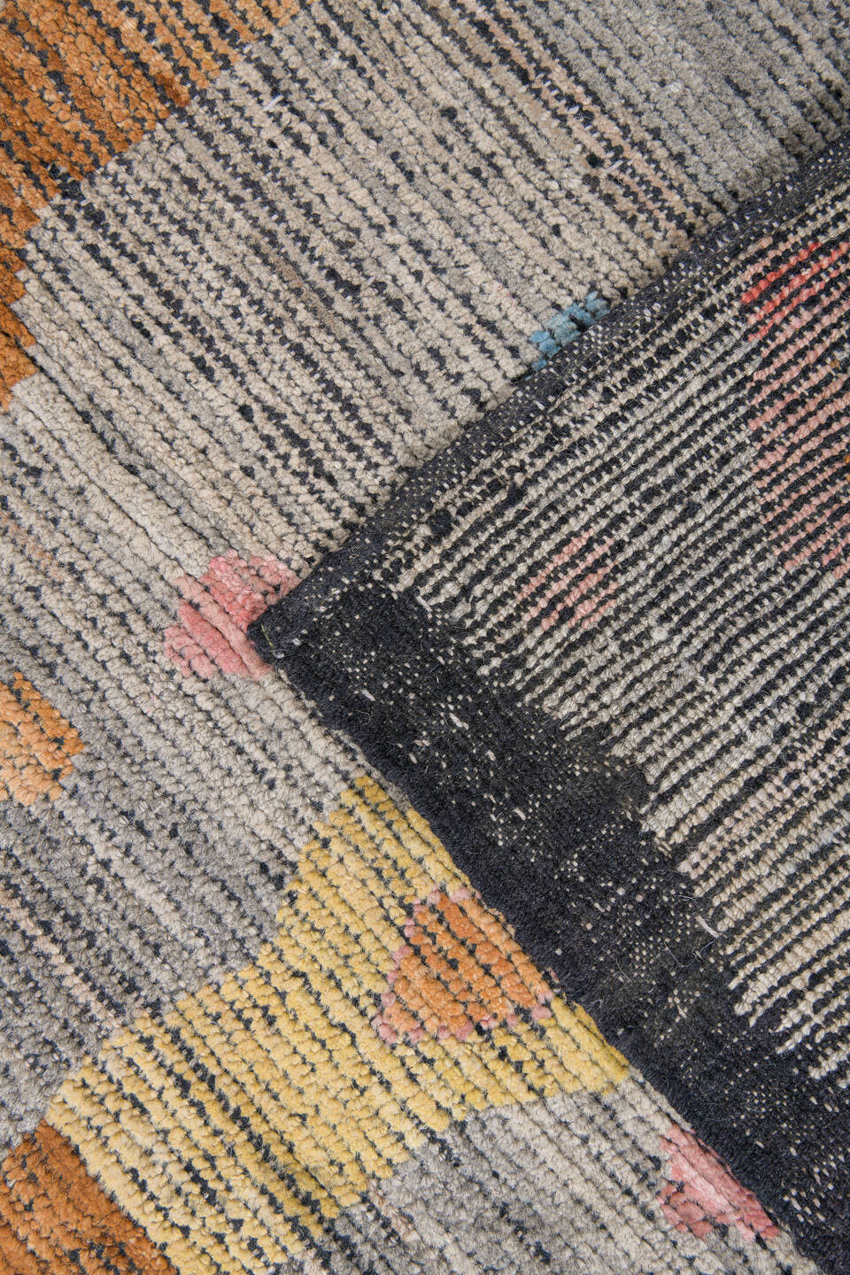 10' x 13' one-of-a-kind handmade vintage Tulu large size rug. Color palette: gray, terra cotta, camel, blush, pale gold