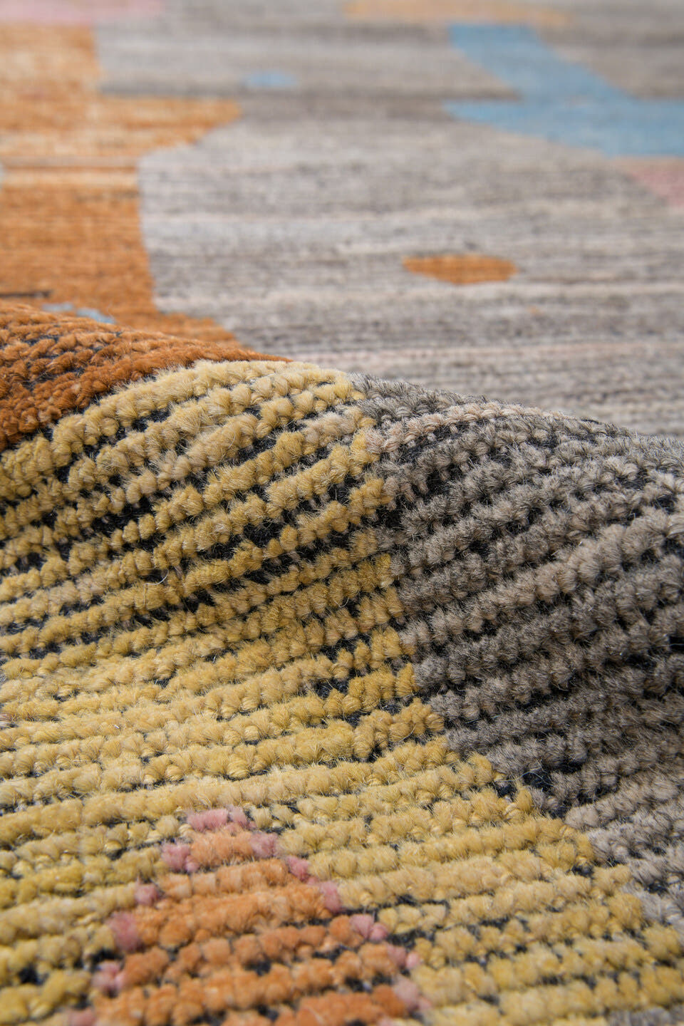 10' x 13' one-of-a-kind handmade vintage Tulu large size rug. Color palette: gray, terra cotta, camel, blush, pale gold