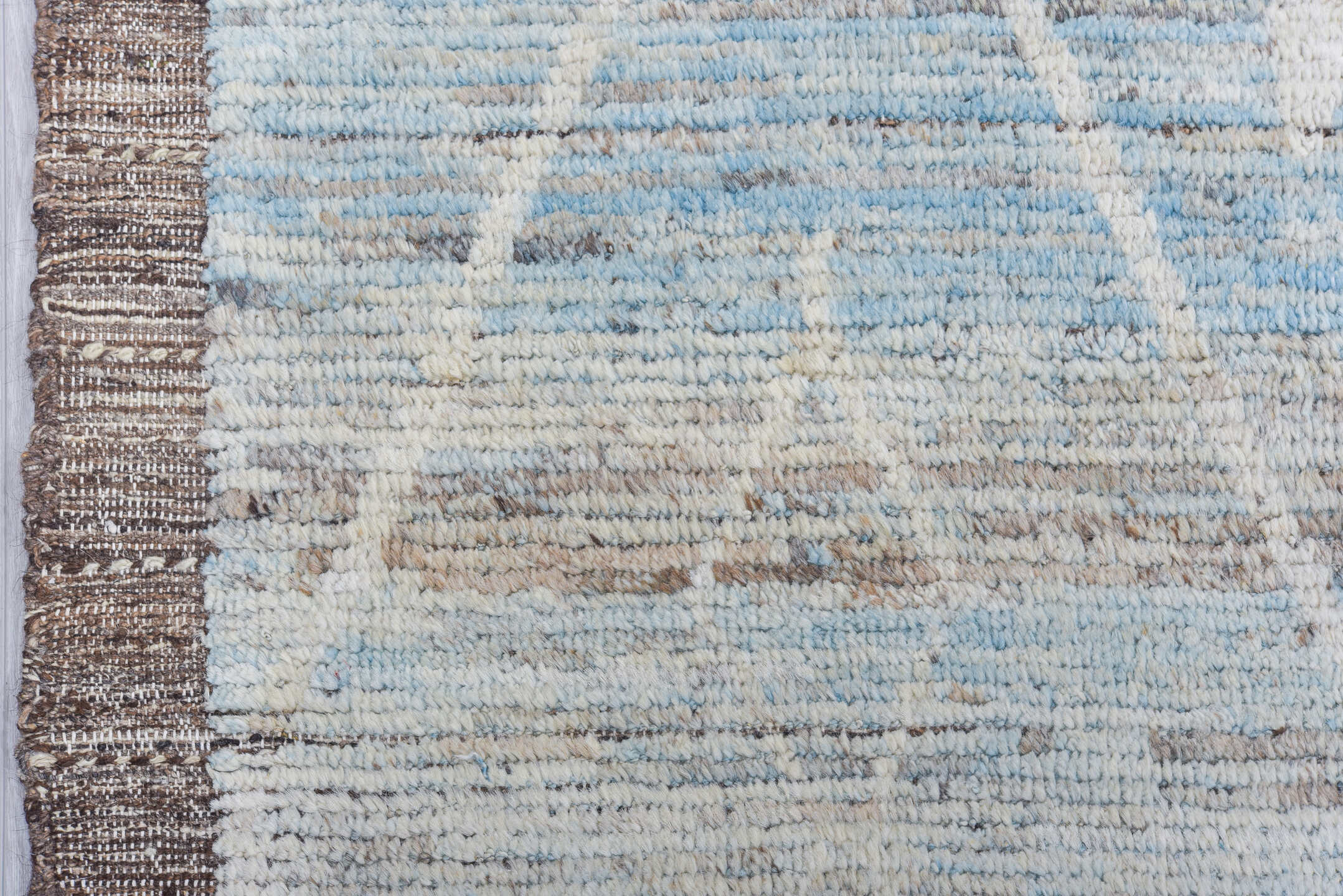 10' x 13' one-of-a-kind handmade vintage Tulu large size rug. Color palette: light blue, ivory, taupe, gray, brown, beige