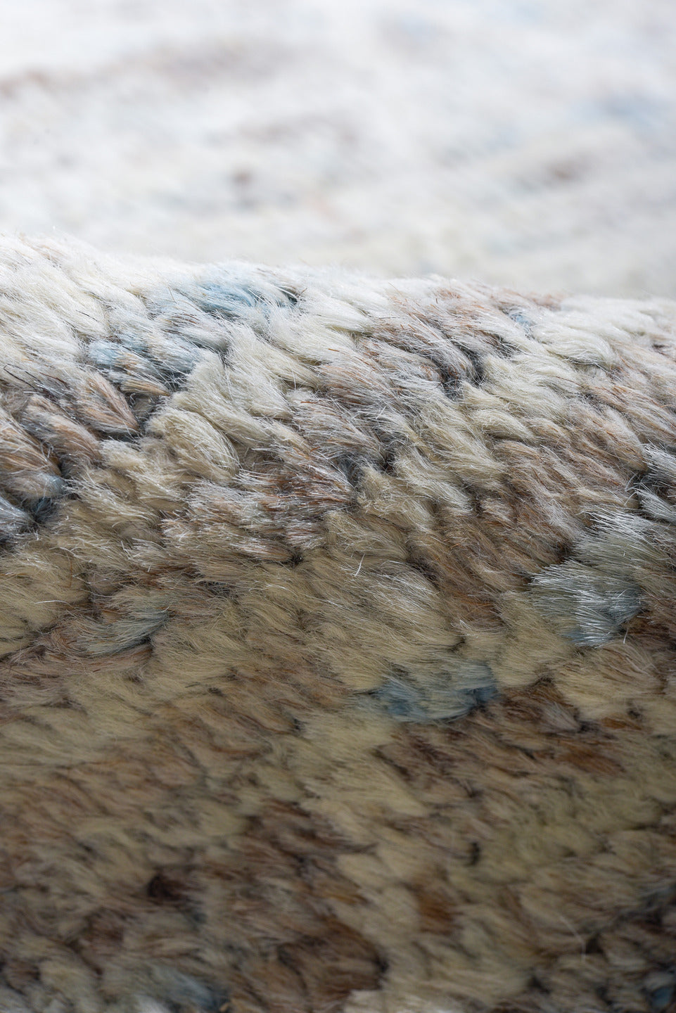 10' x 13' one-of-a-kind handmade vintage Tulu large size rug. Color palette: light blue, ivory, taupe, gray, brown, beige