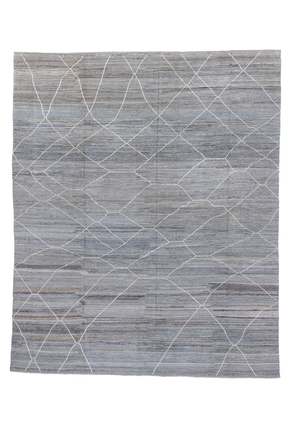 12' x 15' one-of-a-kind handmade vintage Tulu oversize rug. Color palette: black, blue, dark gray, dim gray, gainsboro, gray