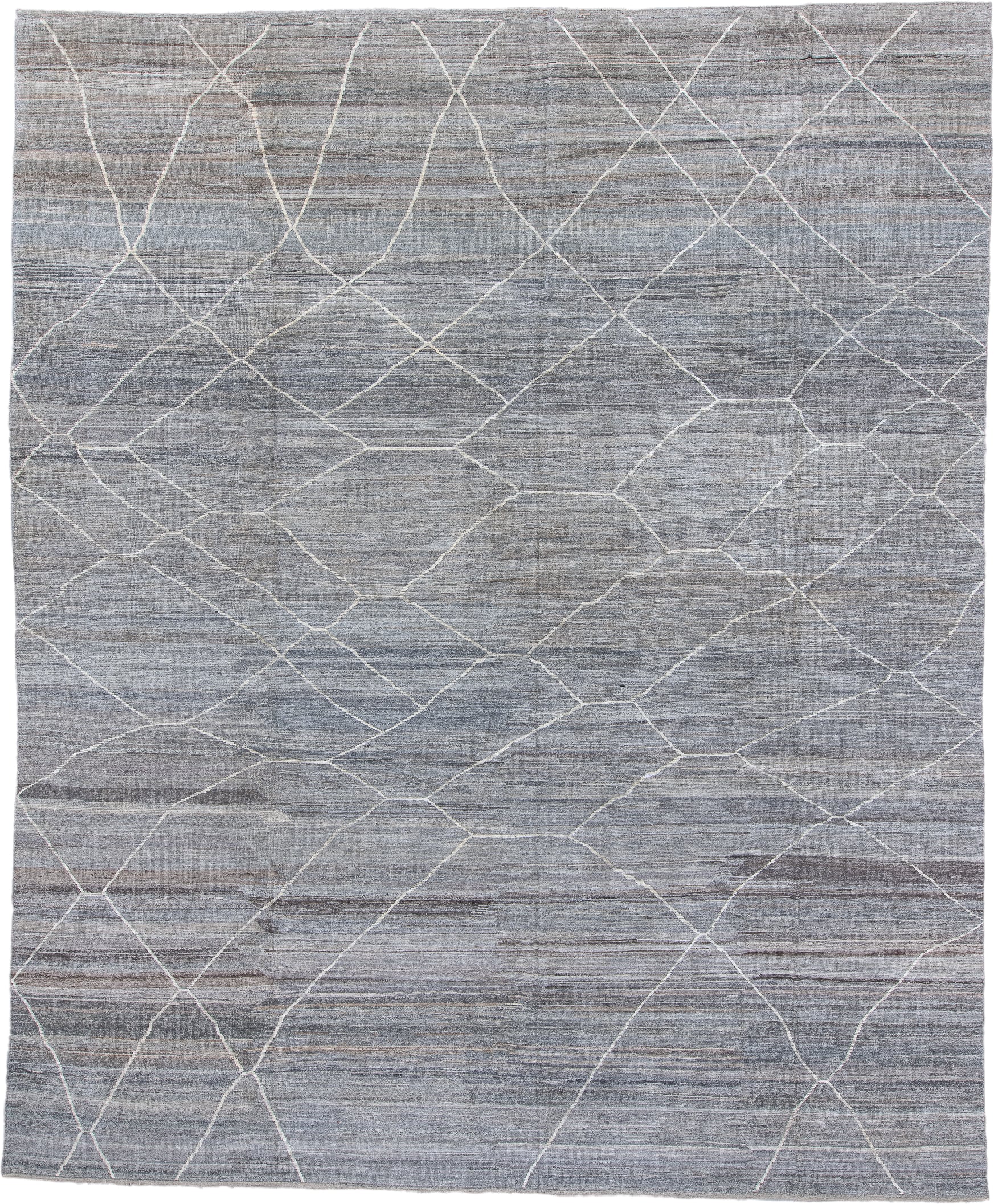 12' x 15' one-of-a-kind handmade vintage Tulu oversize rug. Color palette: gray, ivory, slate, taupe, charcoal, beige, black