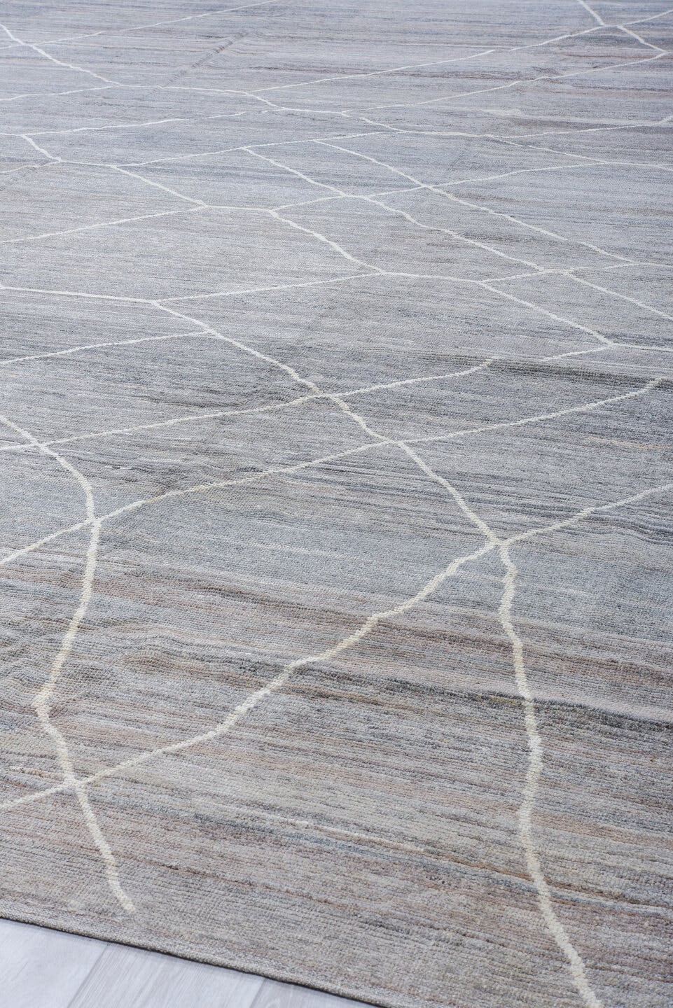 12' x 15' one-of-a-kind handmade vintage Tulu oversize rug. Color palette: gray, ivory, slate, taupe, charcoal, beige, black