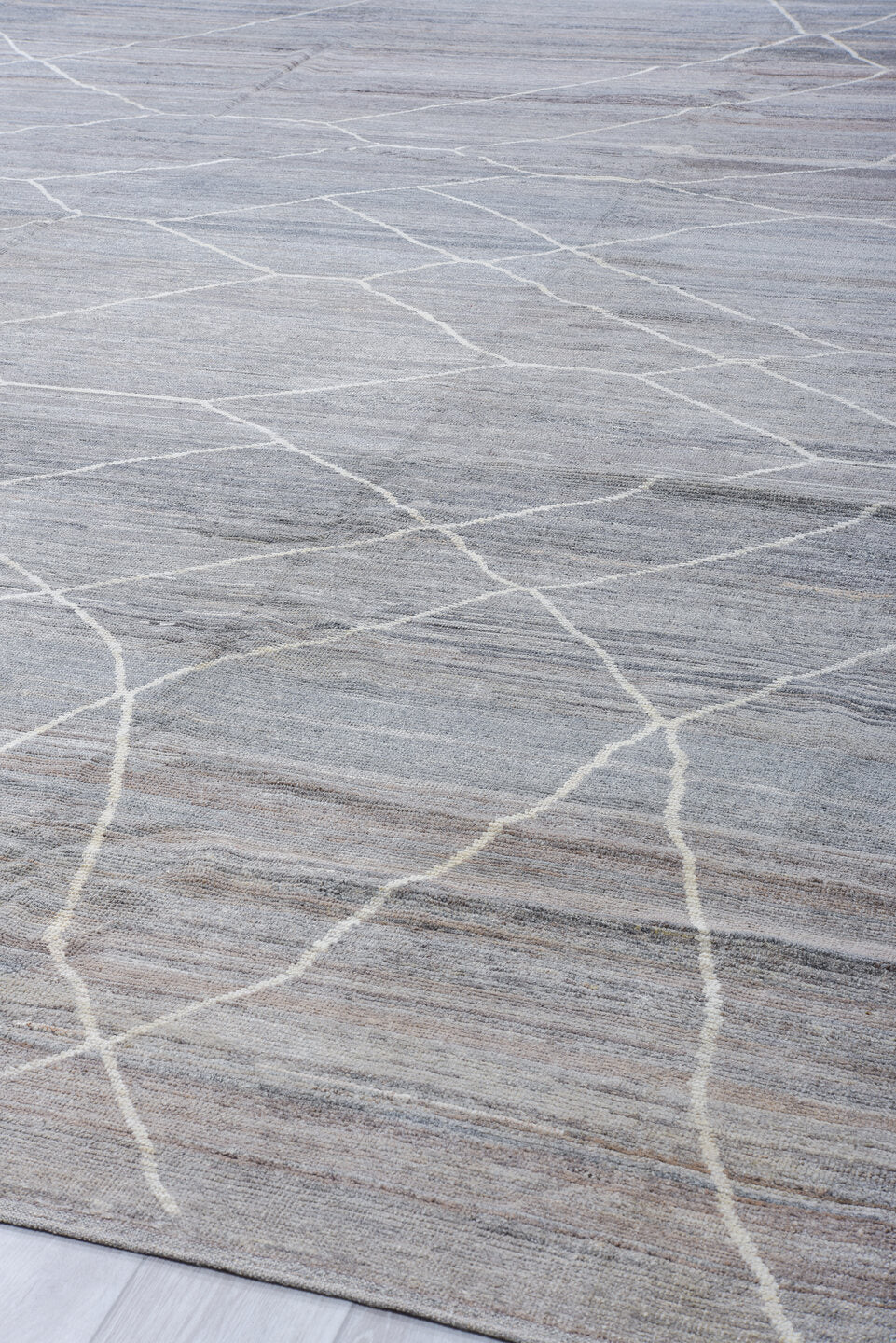 12' x 15' one-of-a-kind handmade vintage Tulu oversize rug. Color palette: gray, ivory, slate, taupe, charcoal, beige, black