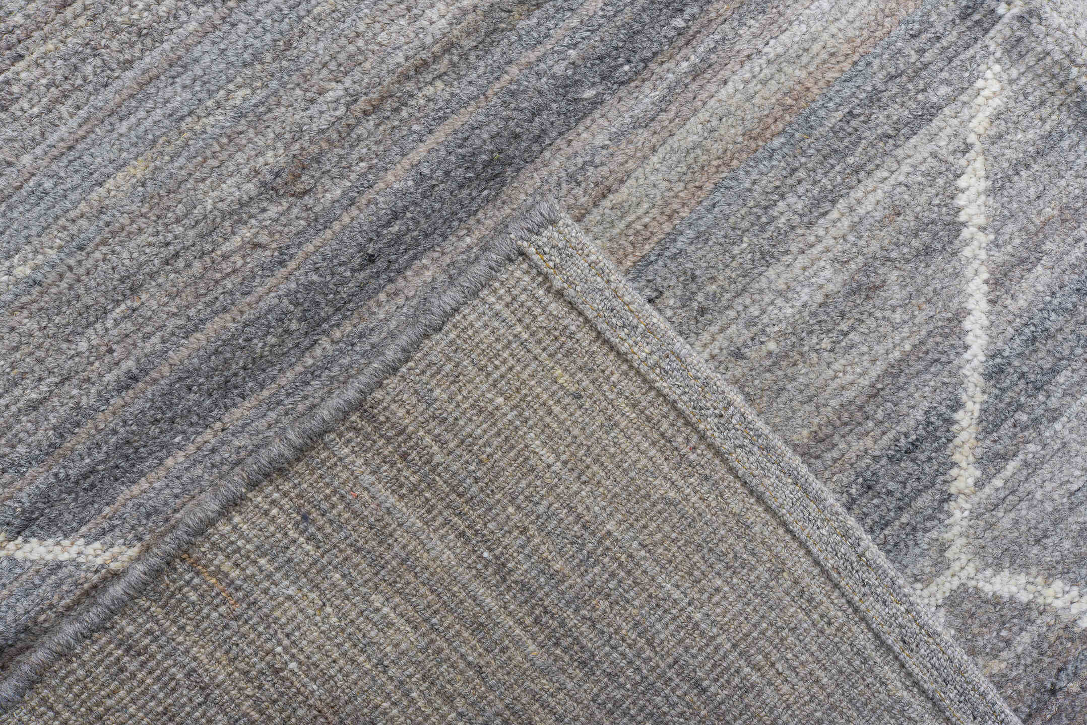 12' x 15' one-of-a-kind handmade vintage Tulu oversize rug. Color palette: gray, ivory, slate, taupe, charcoal, beige, black